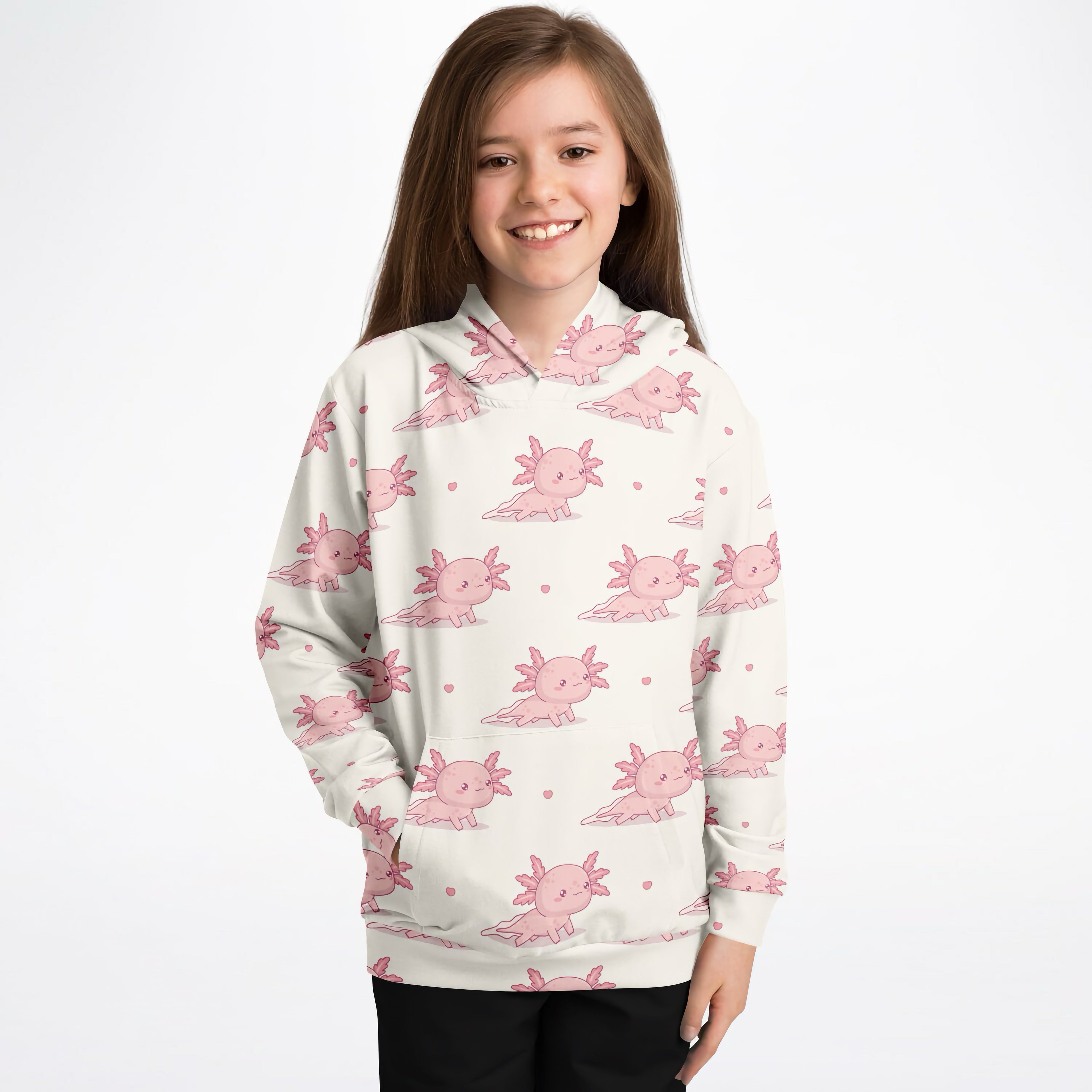 Girls Pink Axolotl Hoodie – Cozy Cotton Fleece or Lightweight Sports Fabric