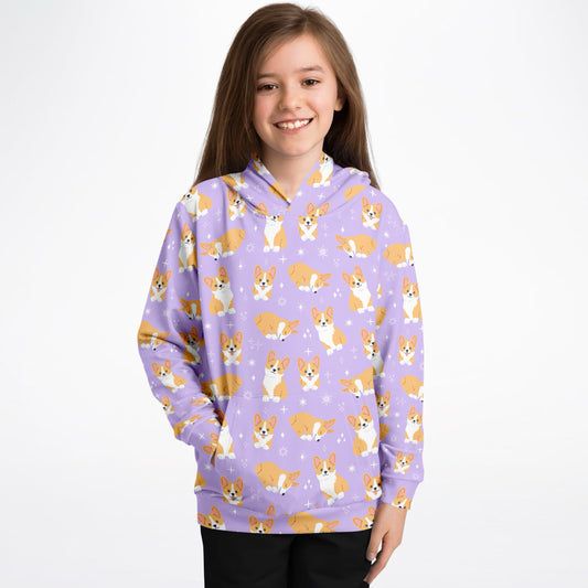 Girls Purple Corgi Dog Hoodie – Cozy Cotton Fleece or Lightweight Sports Fabric