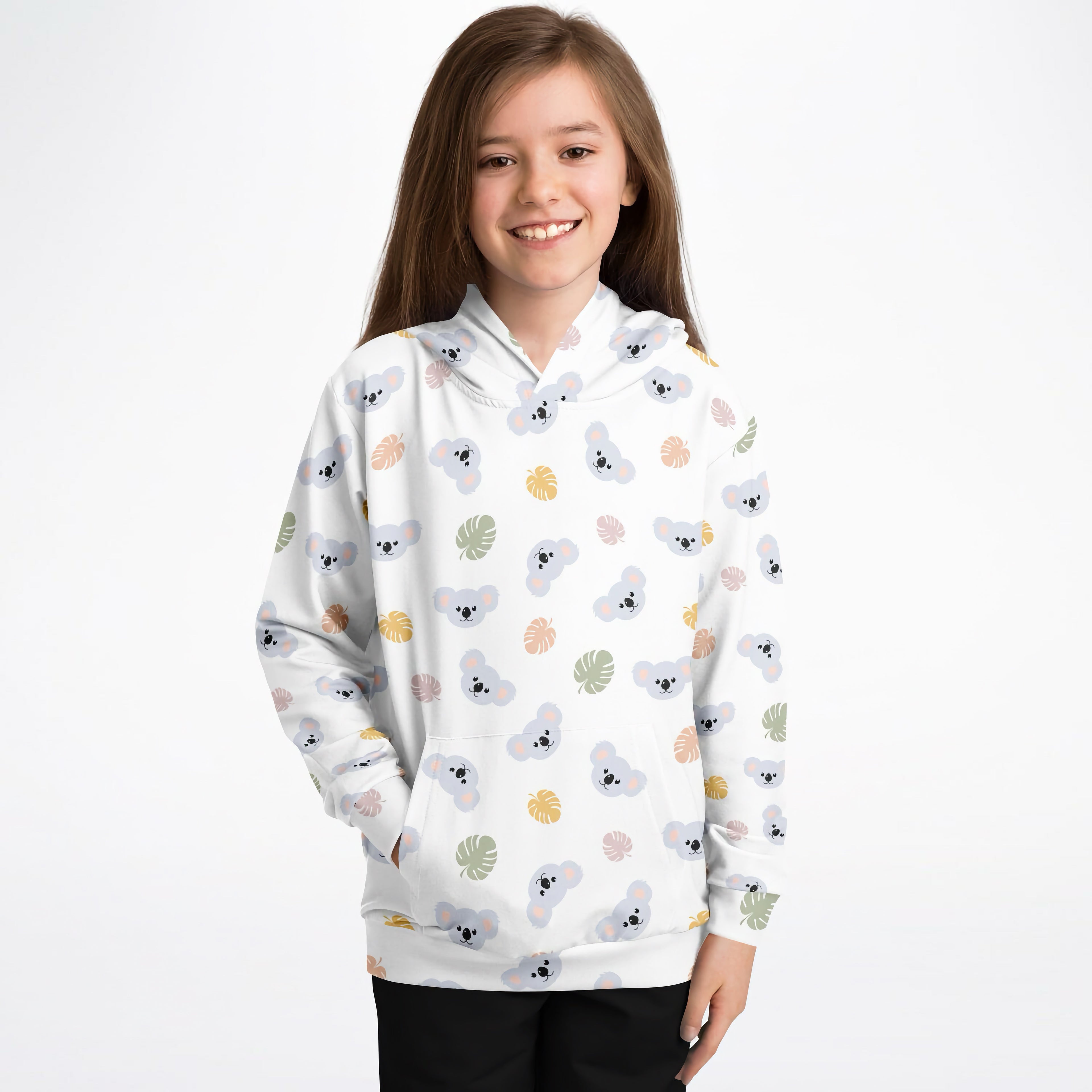 White kids koala bear hoodie with playful gray koala pattern and pastel tropical leaves made of cozy cotton fleece