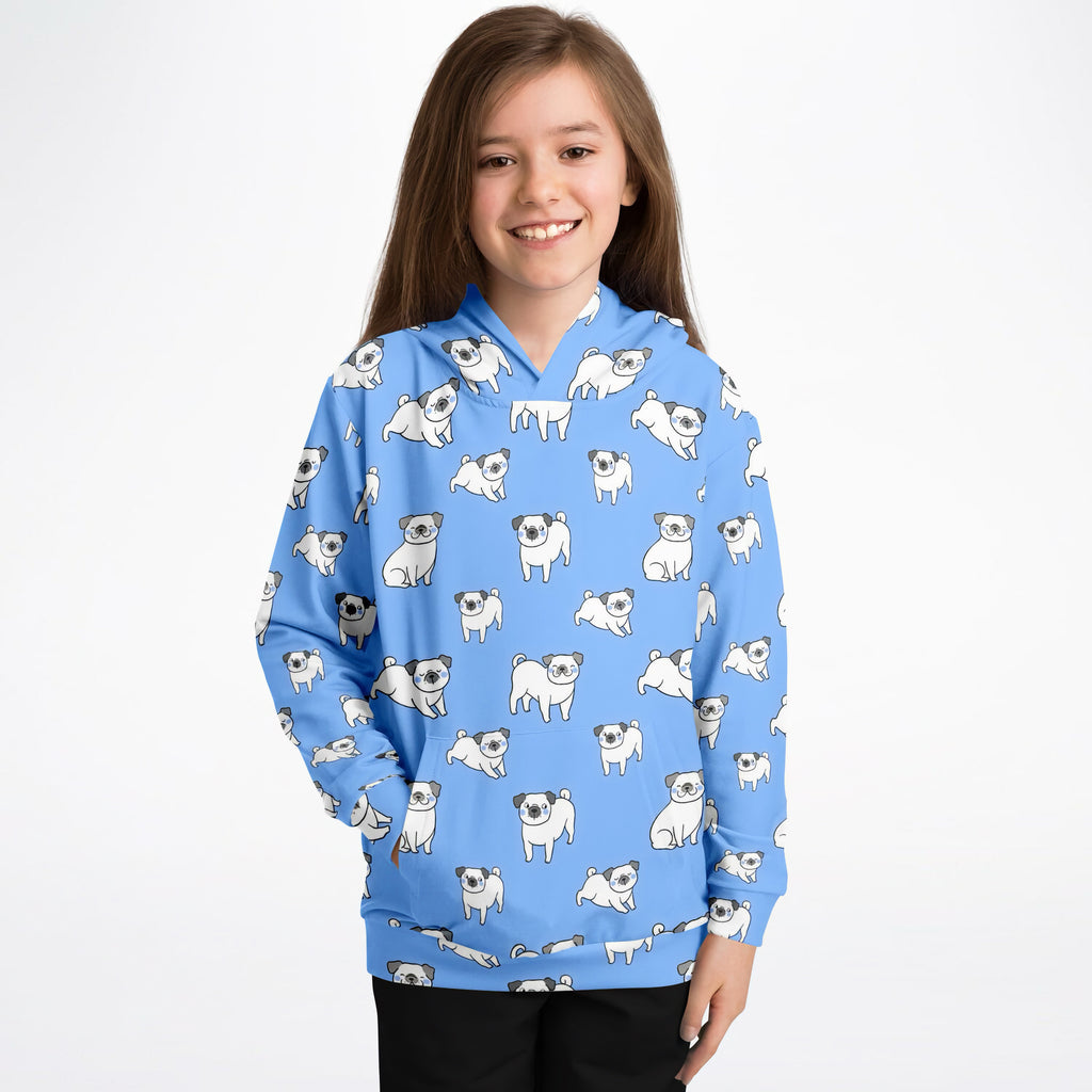 Kids Blue Pug Hoodie – Cozy Cotton Fleece or Lightweight Sports Fabric
