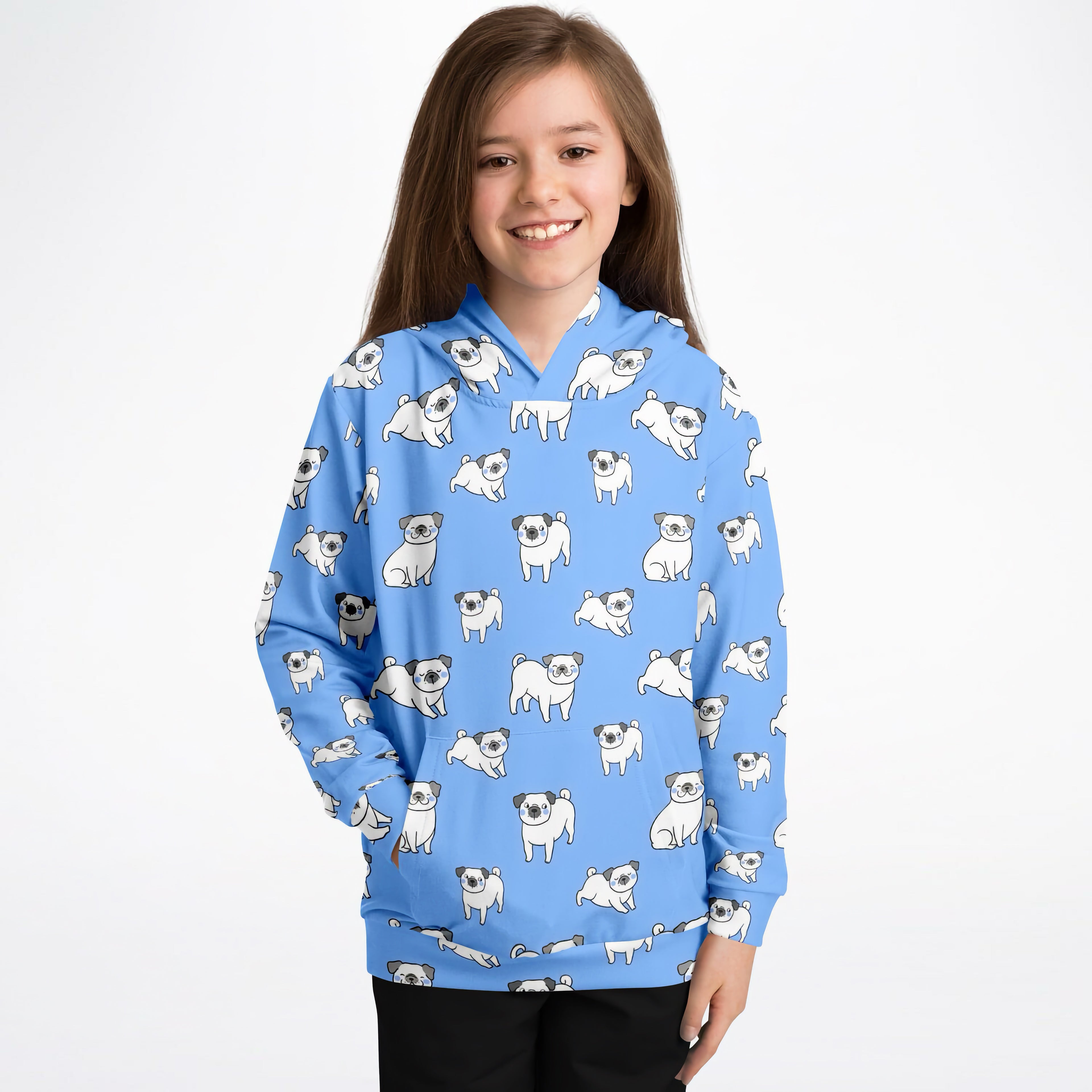 Kids Blue Pug Hoodie – Cozy Cotton Fleece or Lightweight Sports Fabric