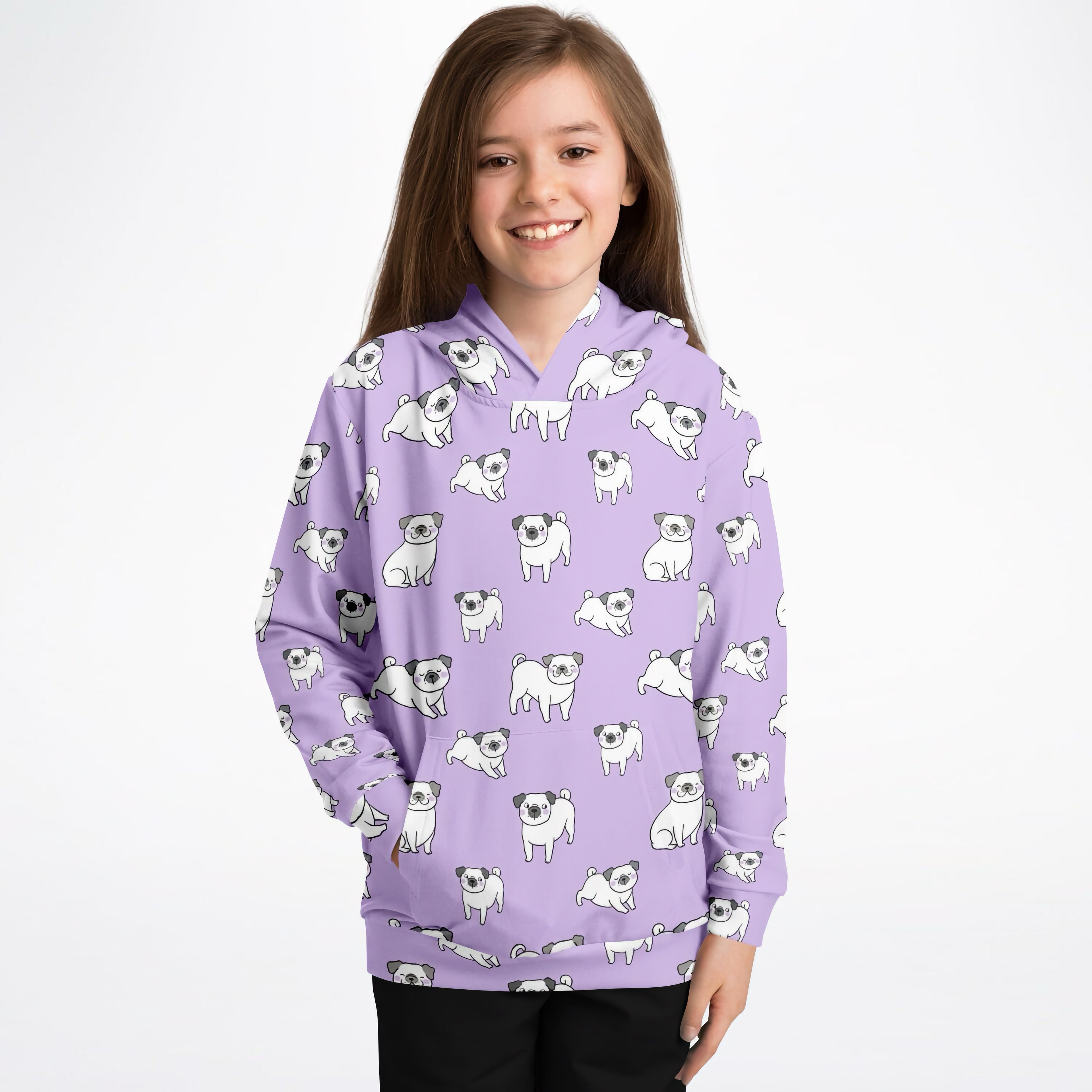Girls purple pug hoodie with playful white and gray cartoon pug print made of cozy cotton fleece