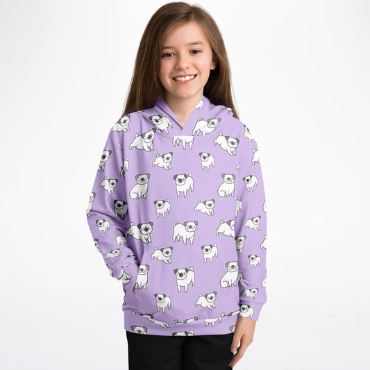 Girls Purple Pug Hoodie – Cozy Cotton Fleece or Lightweight Sports Fabric
