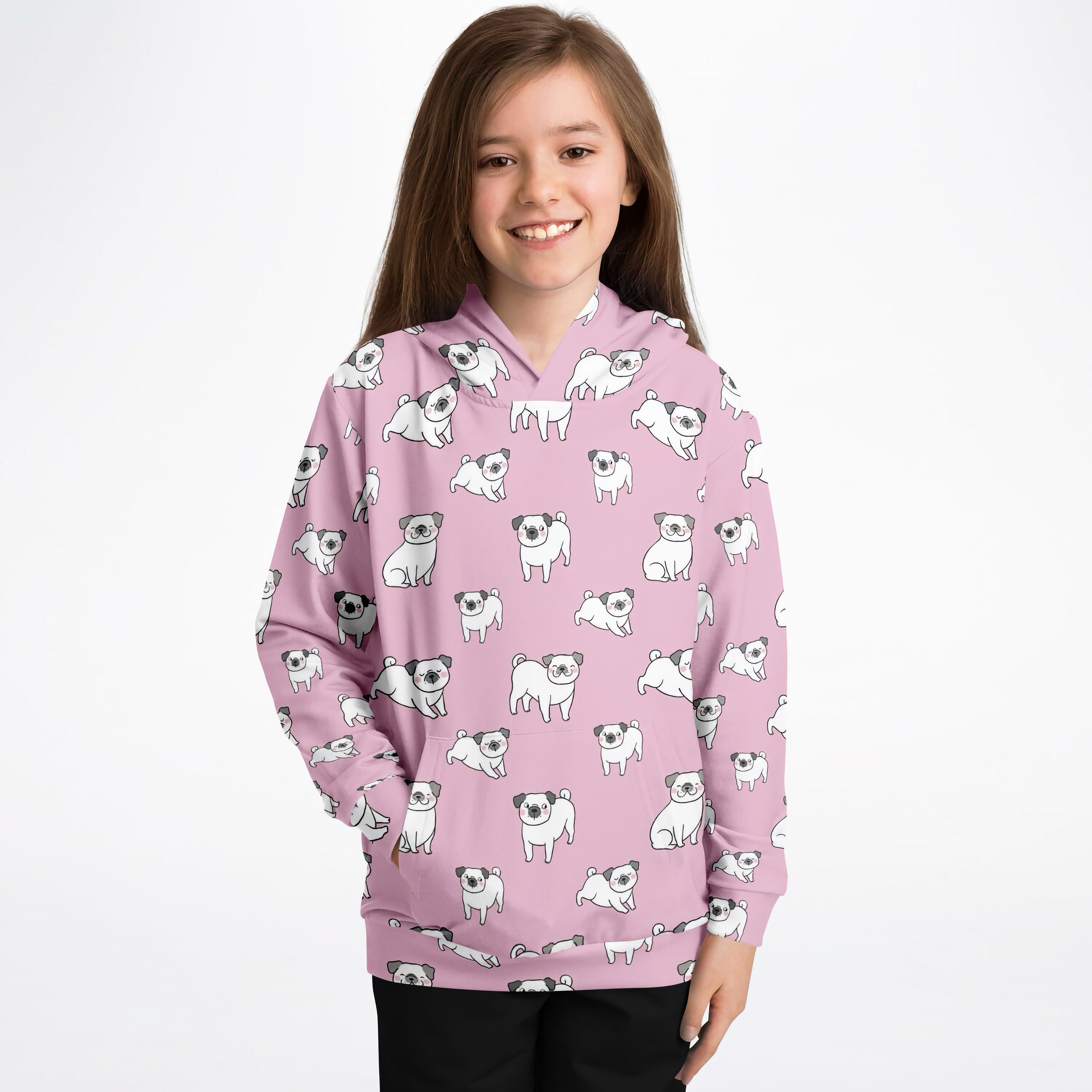 Girls Pink Pug Hoodie – Cozy Cotton Fleece or Lightweight Sports Fabric