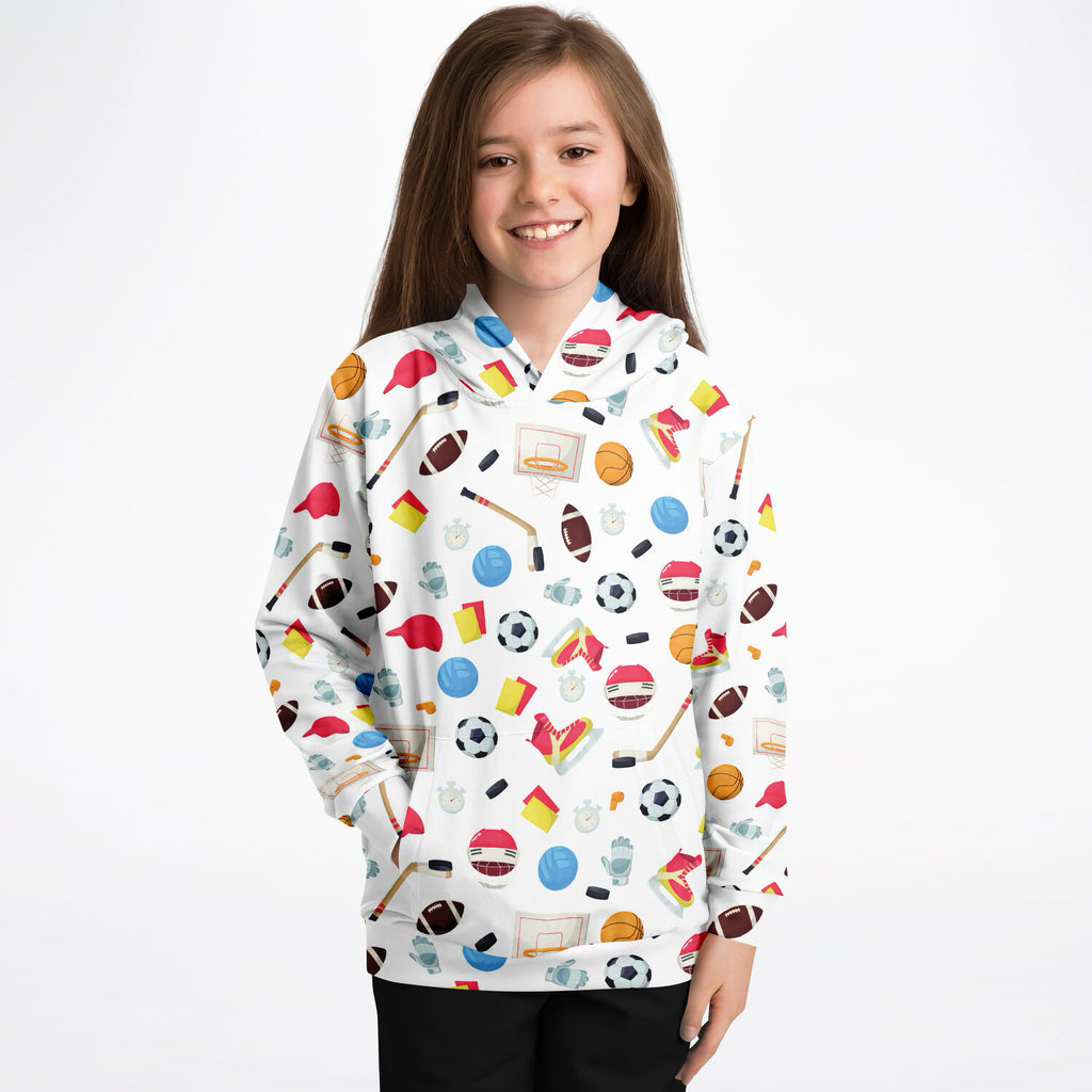 White kids sports themed hoodie with colorful soccer balls basketballs and footballs print in cozy cotton fleece