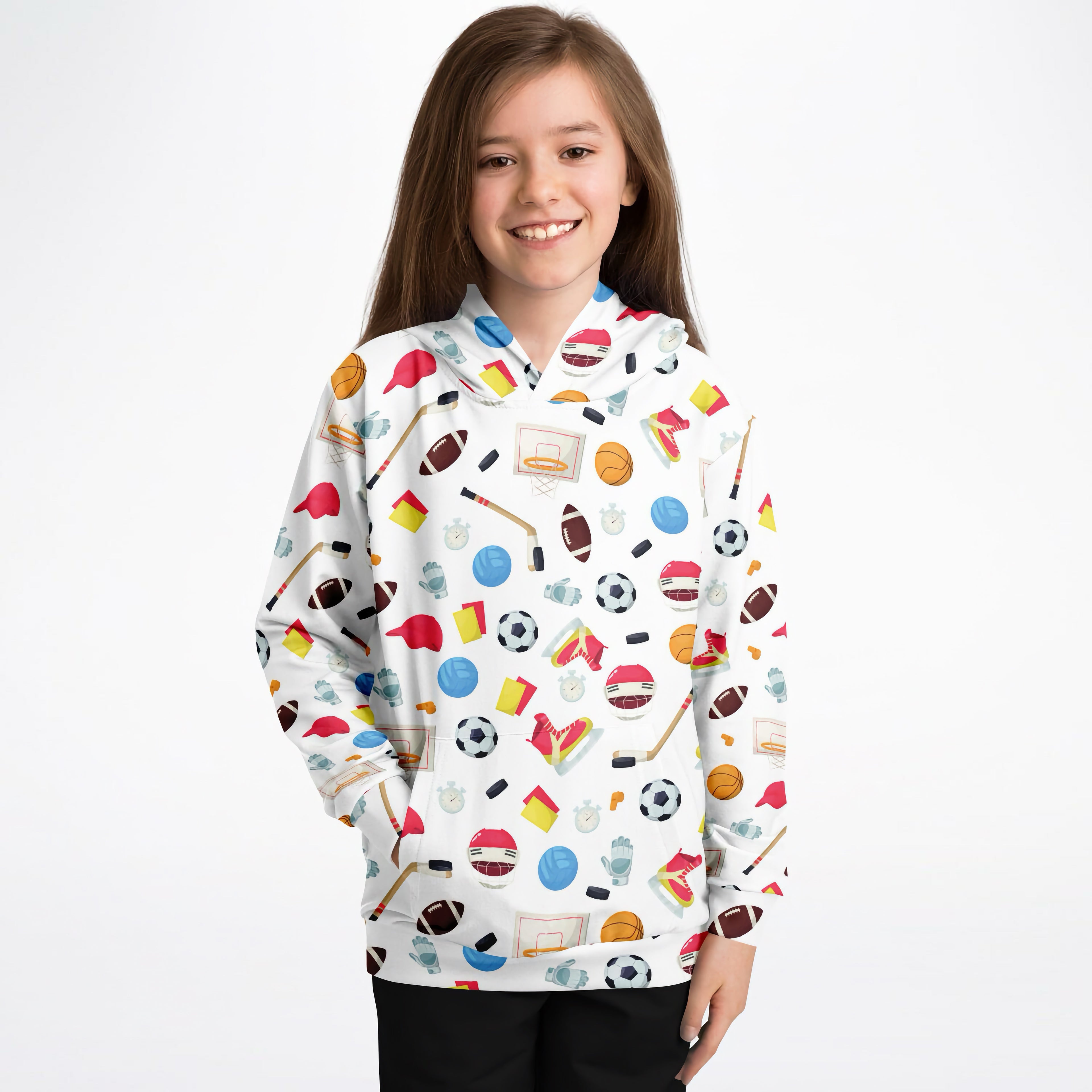 White kids sports themed hoodie with colorful soccer balls basketballs and footballs print in cozy cotton fleece