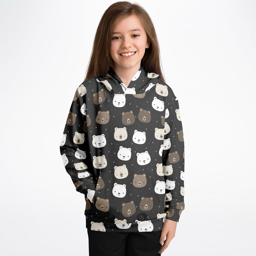 Black kids bear face hoodie with playful white and brown bear pattern made from cozy cotton fleece or lightweight fabric