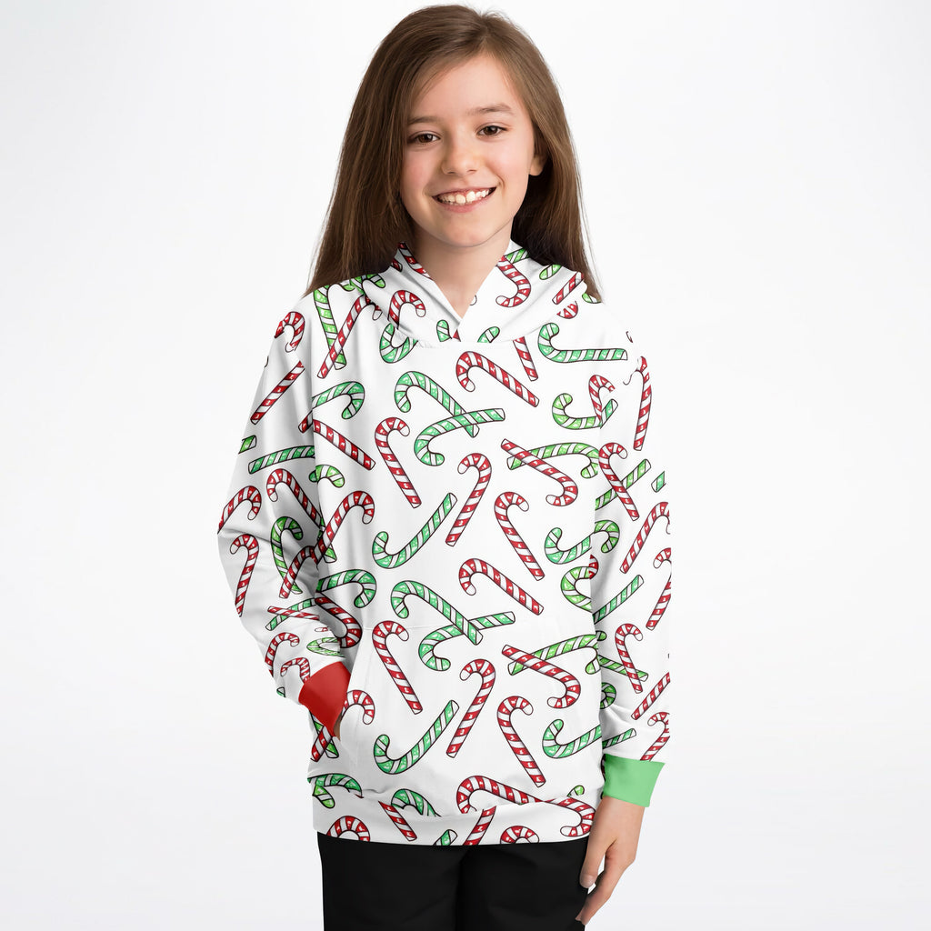 Kids Red & Green Candy Cane Christmas Hoodie – Cozy Cotton Fleece or Lightweight Sports Fabric