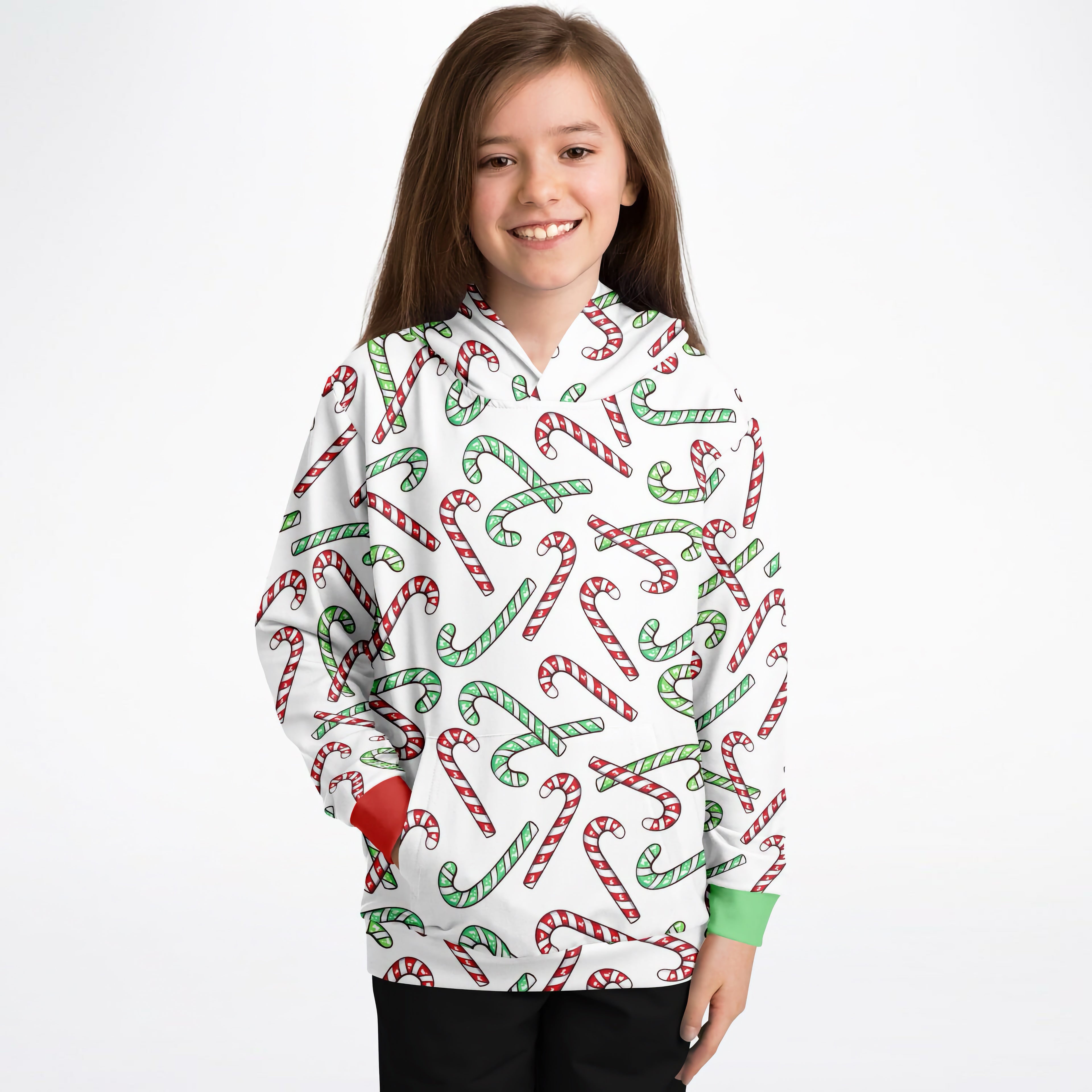 Kids Red & Green Candy Cane Christmas Hoodie – Cozy Cotton Fleece or Lightweight Sports Fabric