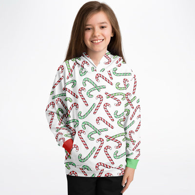 Kids Red & Green Candy Cane Christmas Hoodie – Cozy Cotton Fleece or Lightweight Sports Fabric