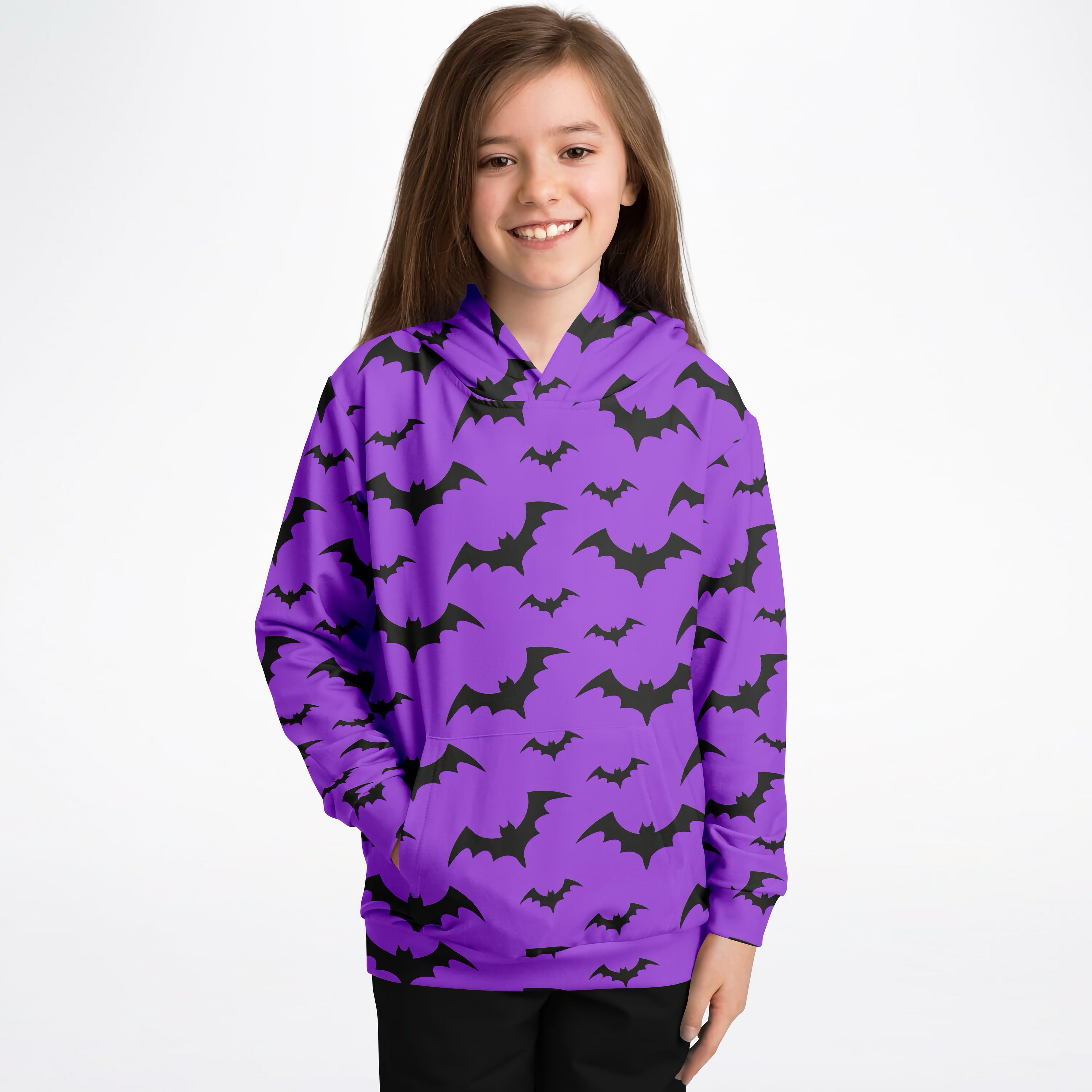 Kids purple bats halloween hoodie with black bat prints made of cozy cotton fleece or lightweight sports fabric