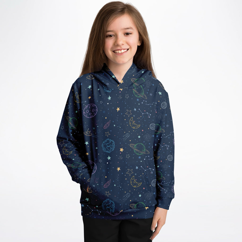 A navy blue kids colorful galaxy space hoodie with playful pastel planets print in cozy cotton fleece fabric