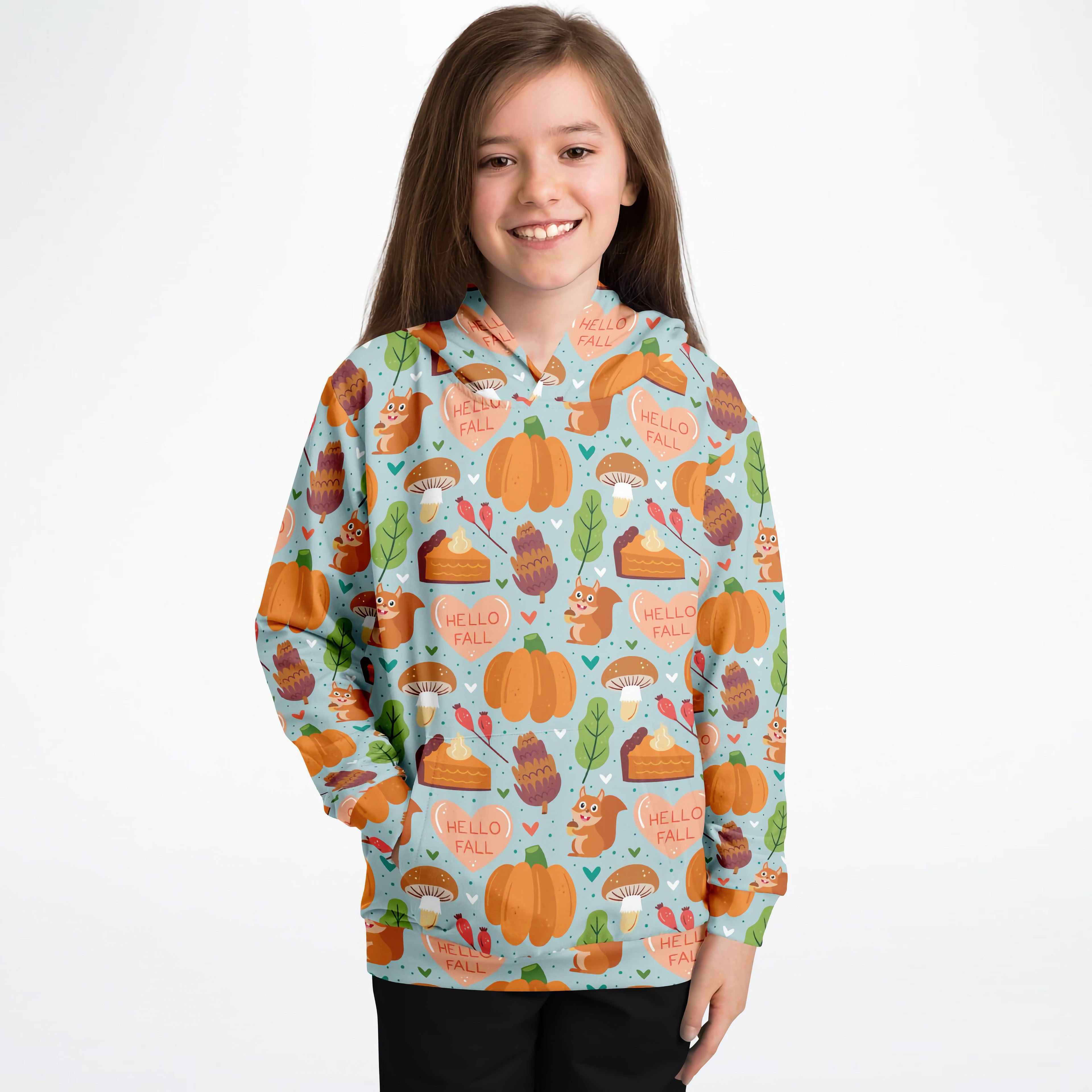 Kids hello fall autumn themed light blue hooded sweatshirt with pumpkins squirrels mushrooms and pie slices in cotton fleece