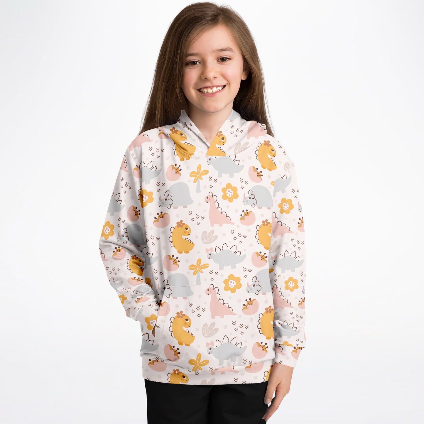 Girls Pastel Floral Dinosaur Hoodie – Cozy Cotton Fleece or Lightweight Sports Fabric