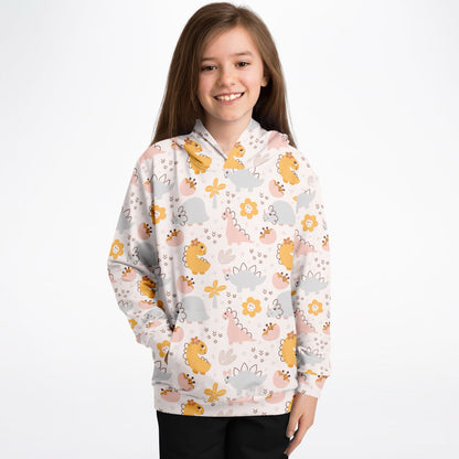 Girls Pastel Floral Dinosaur Hoodie – Cozy Cotton Fleece or Lightweight Sports Fabric