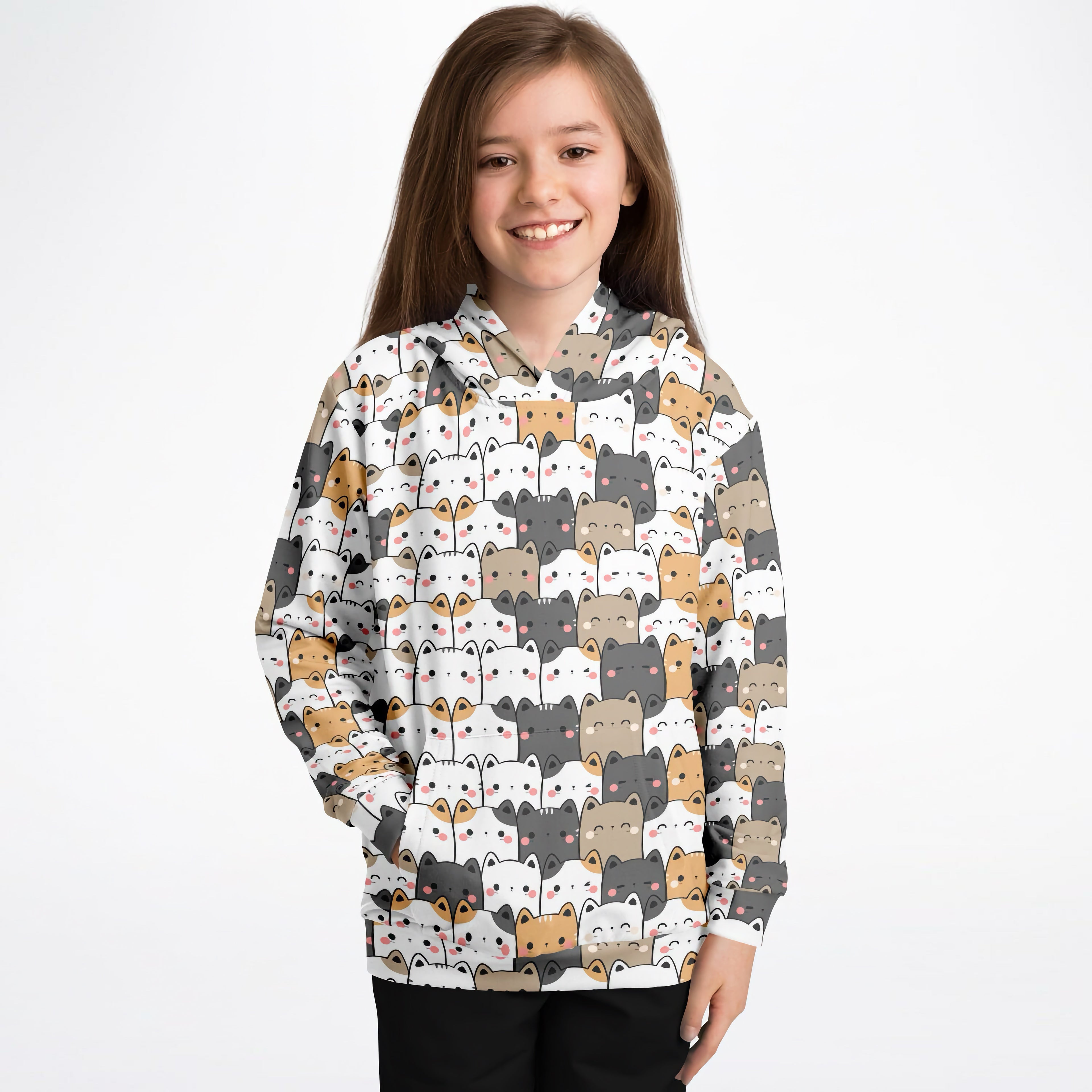 Girls Kawaii Cat Hoodie – Cozy Cotton Fleece or Lightweight Sports Fabric