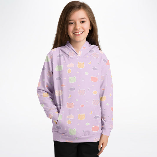 Girls Pastel Purple Kawaii Cats & Clouds Hoodie – Cozy Cotton Fleece or Lightweight Sports Fabric