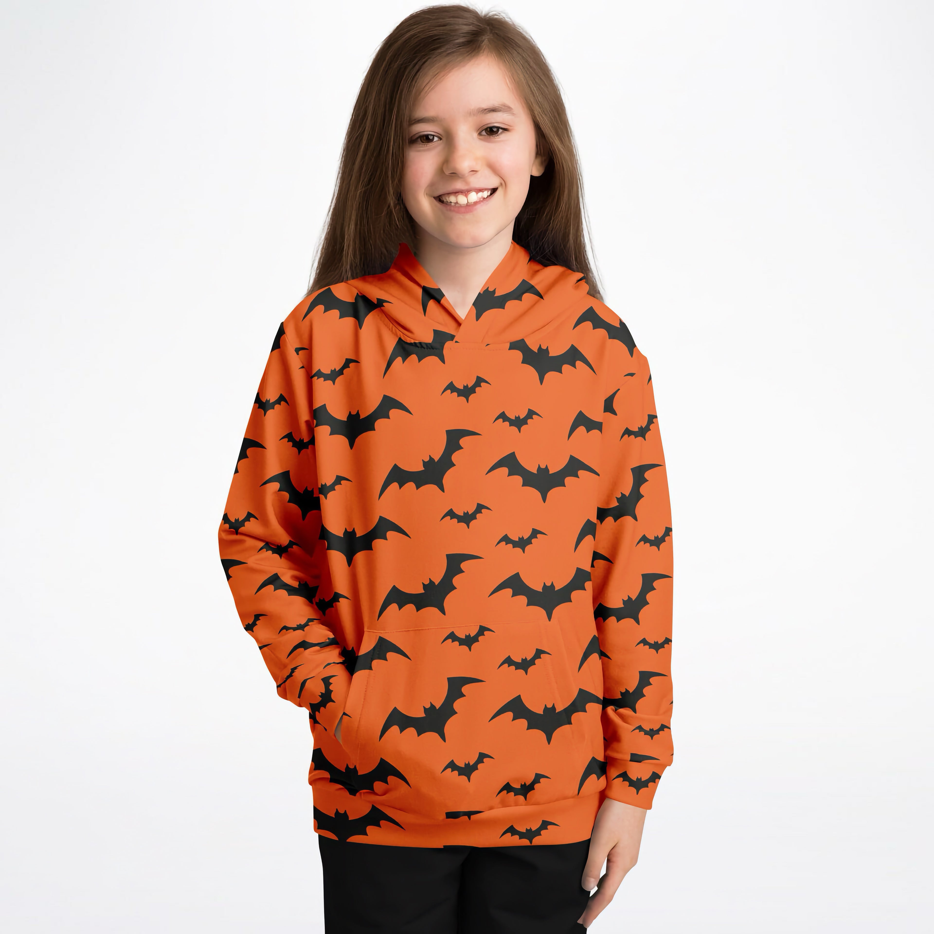 Kids orange bats halloween hoodie with black bat pattern made of cozy cotton fleece or lightweight sports fabric