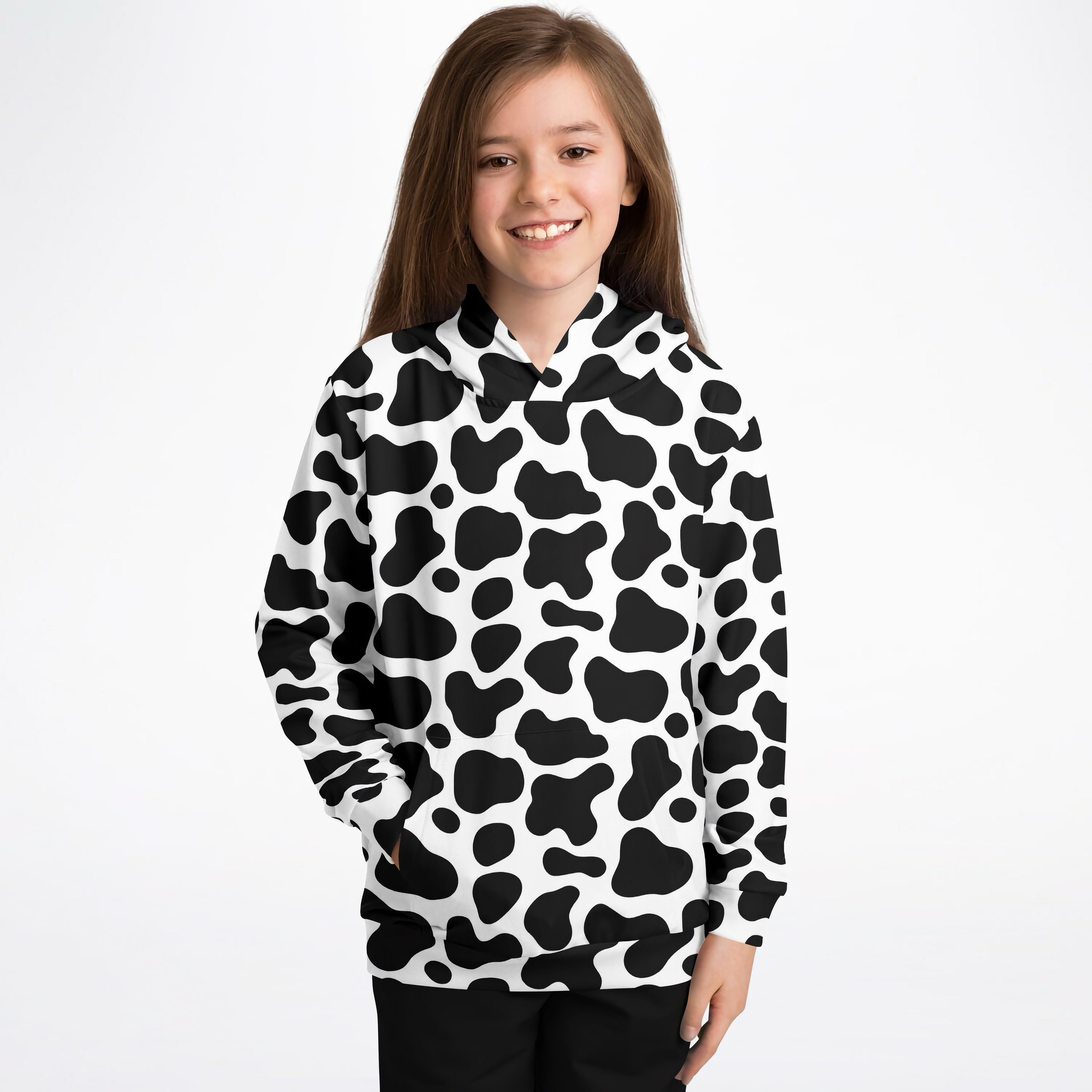 Kids Cow Print Hoodie – Cozy Cotton Fleece or Lightweight Sports Fabric