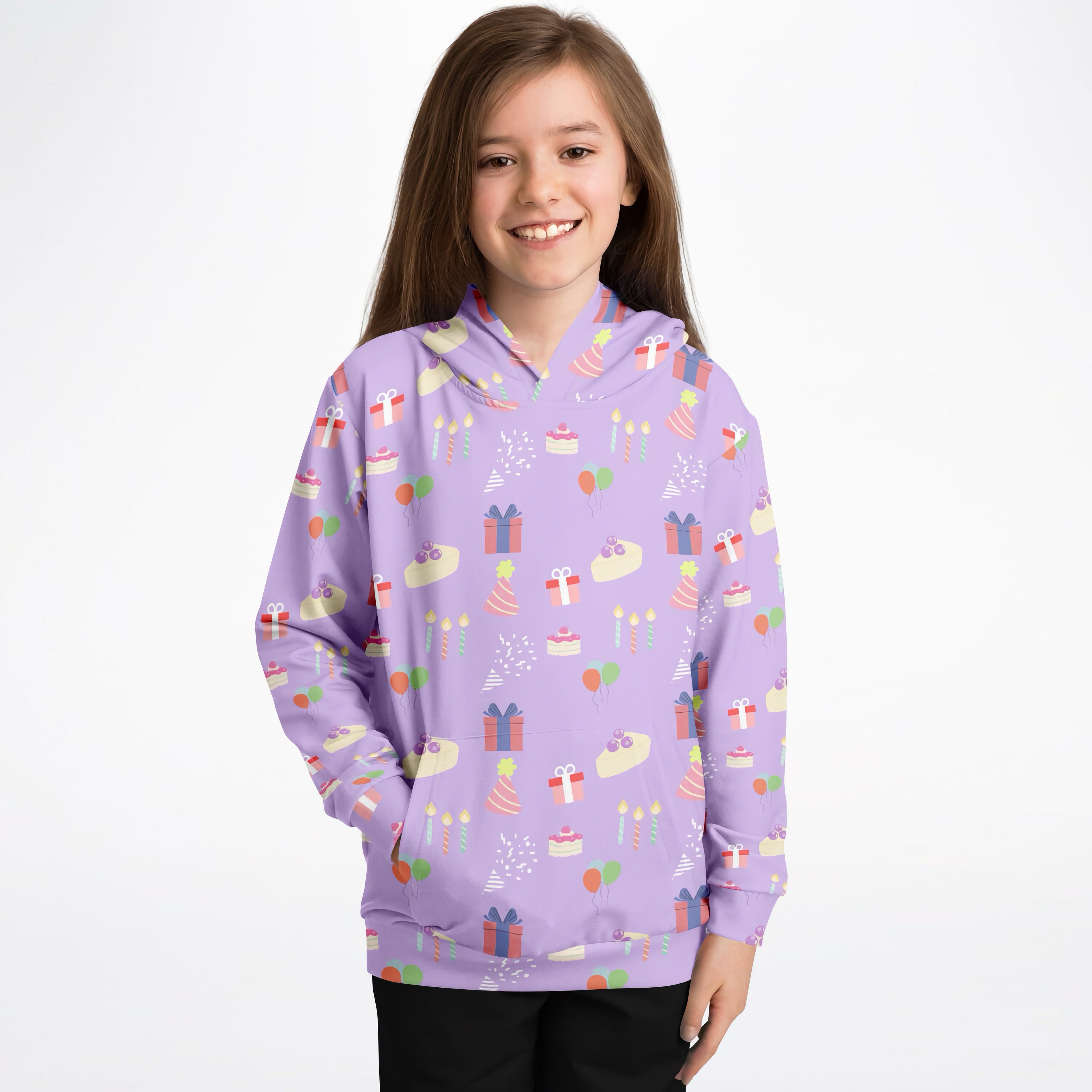 Girls Purple Birthday Pattern Hoodie – Cozy Cotton Fleece or Lightweight Sports Fabric