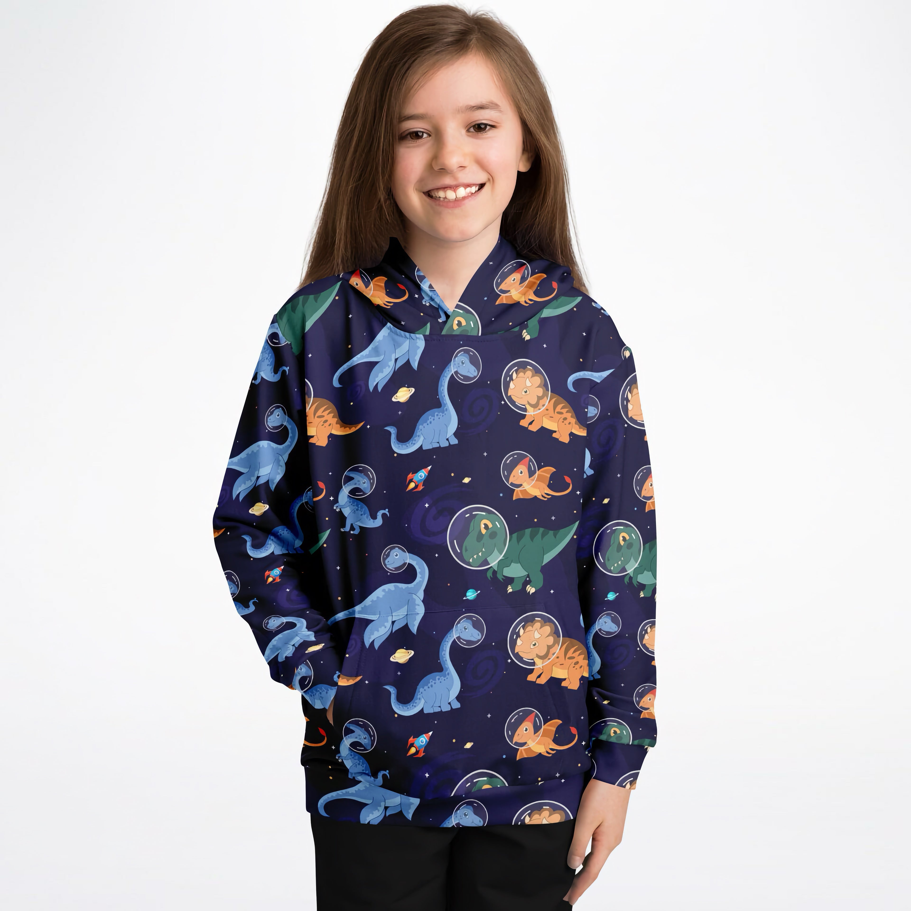 Kids Space Dinosaur Hoodie – Cozy Cotton Fleece or Lightweight Sports Fabric
