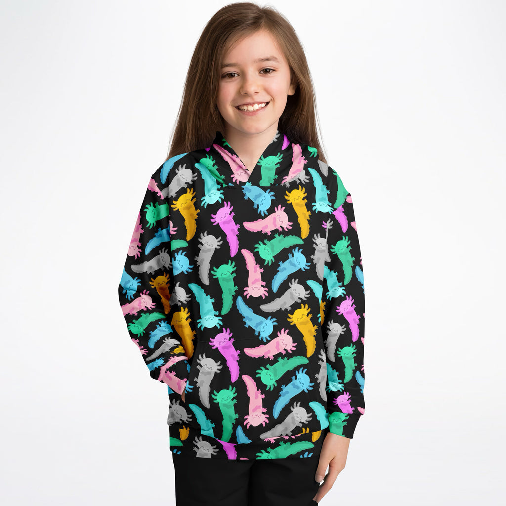 Kids black hoodie with colorful axolotl print in pink blue green yellow and gray made from cozy cotton fleece or lightweight fabric