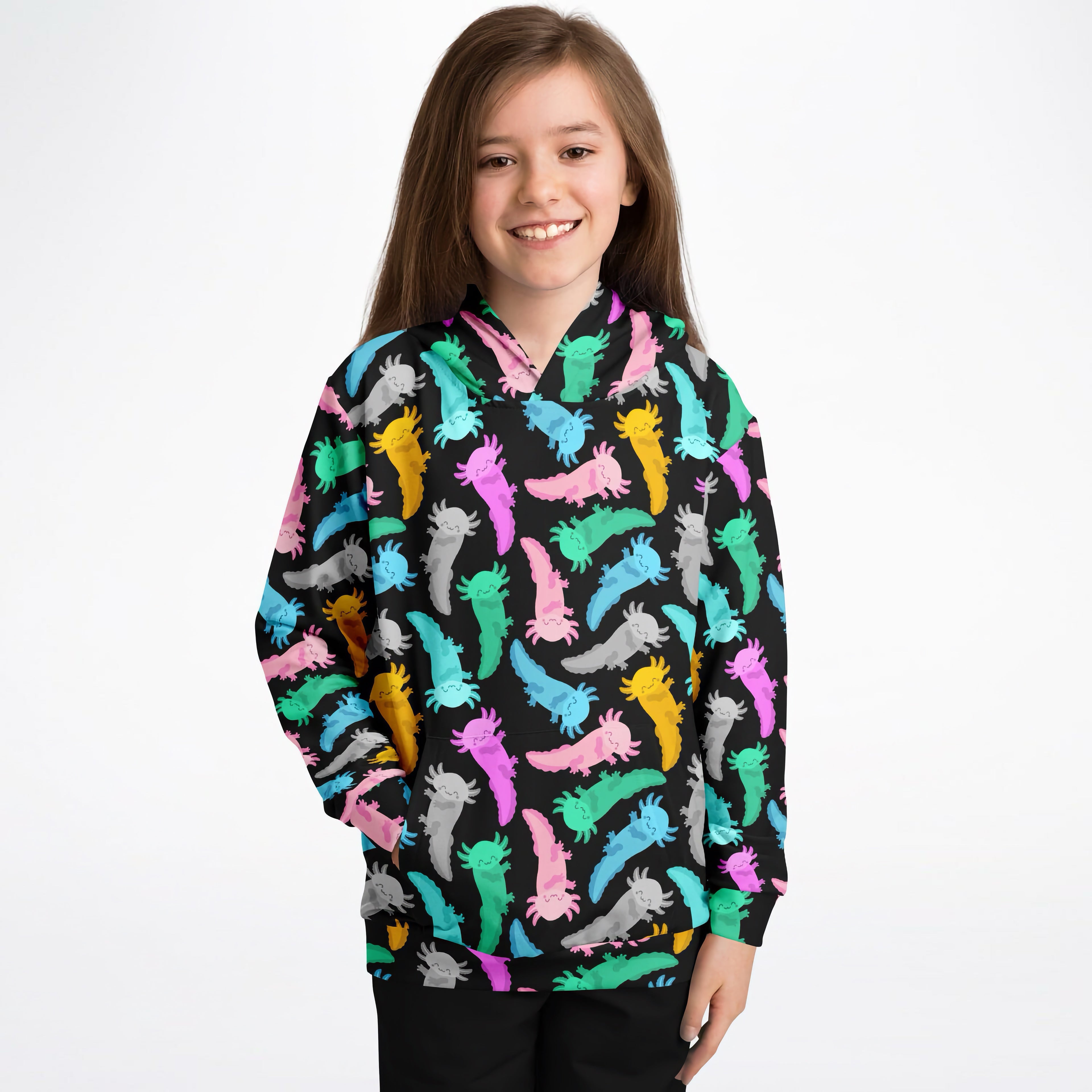 Kids Colorful Axolotl Hoodie – Cozy Cotton Fleece or Lightweight Sports Fabric