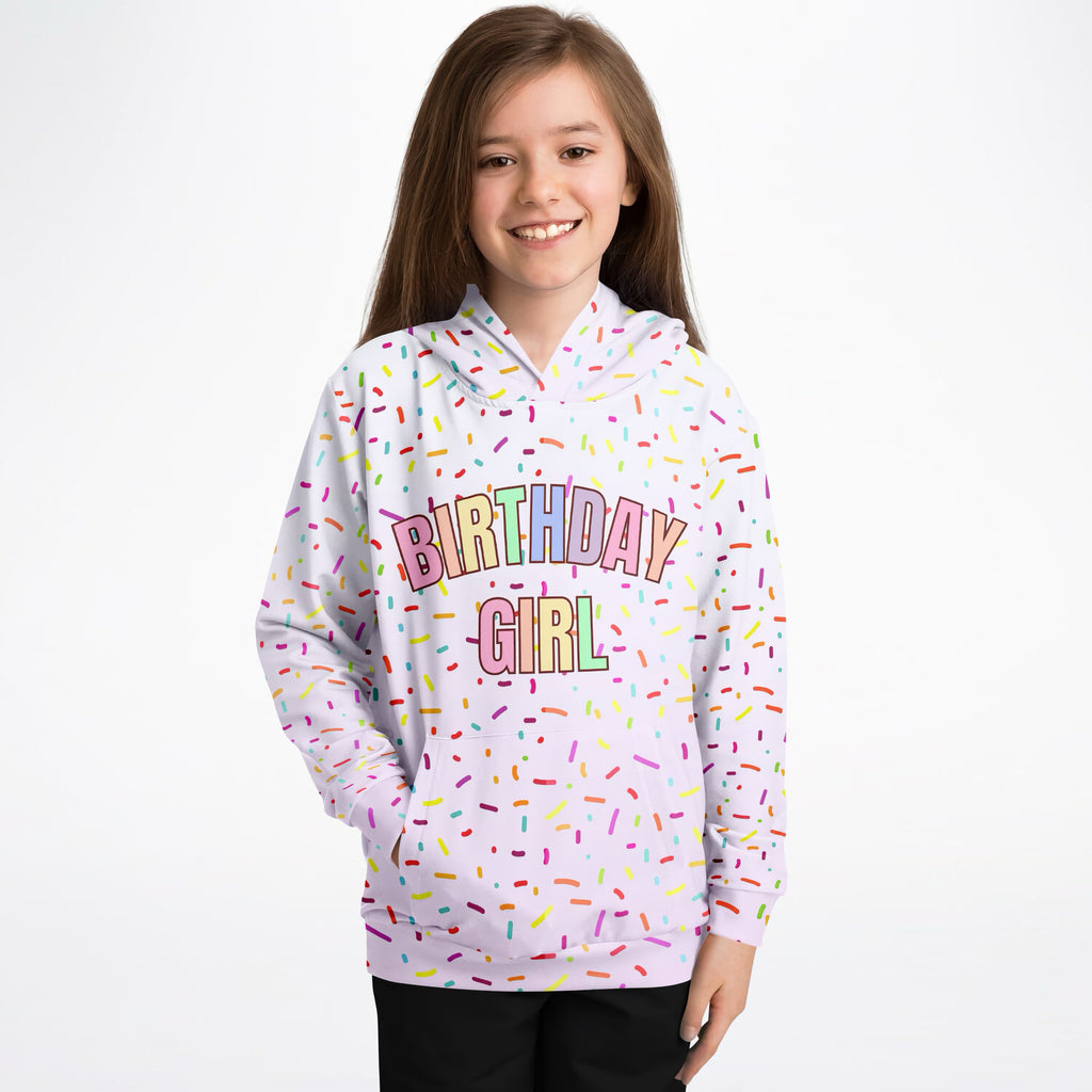 Pastel lavender birthday girl hoodie with colorful rainbow sprinkle pattern made of cozy cotton fleece or lightweight fabric