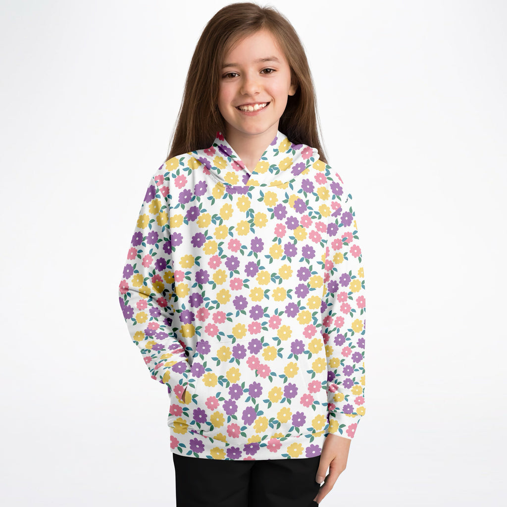 Girls colorful floral hoodie white with vibrant purple pink yellow flowers green leaves cozy cotton fleece