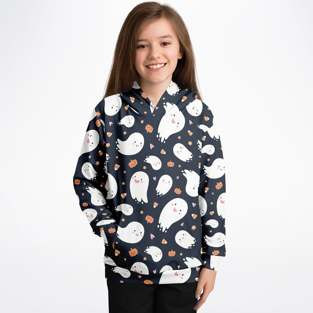 Navy blue kids ghost halloween hoodie with white cartoon ghosts orange pumpkins and pink hearts in cozy cotton fleece