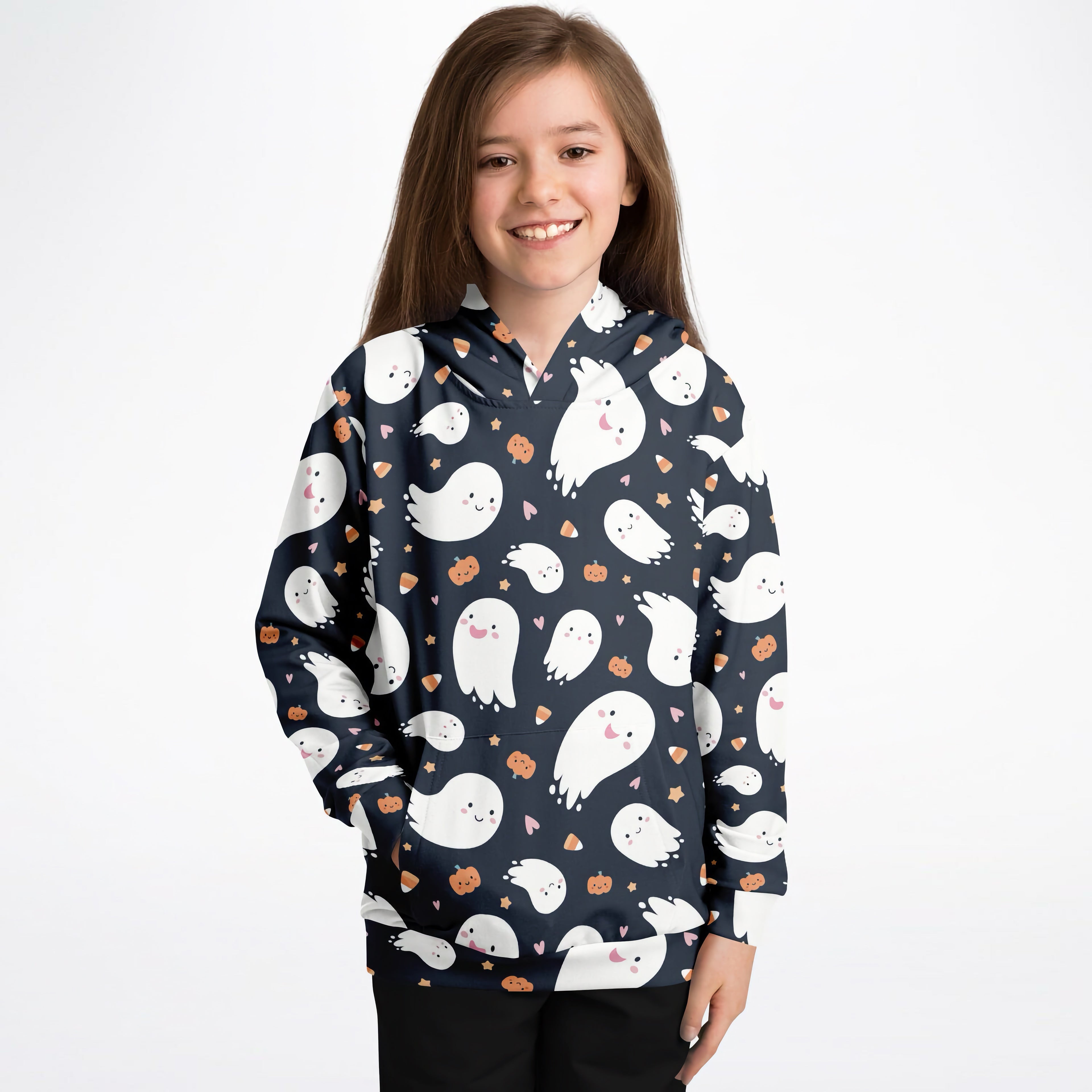 Navy blue kids ghost halloween hoodie with white cartoon ghosts orange pumpkins and pink hearts in cozy cotton fleece