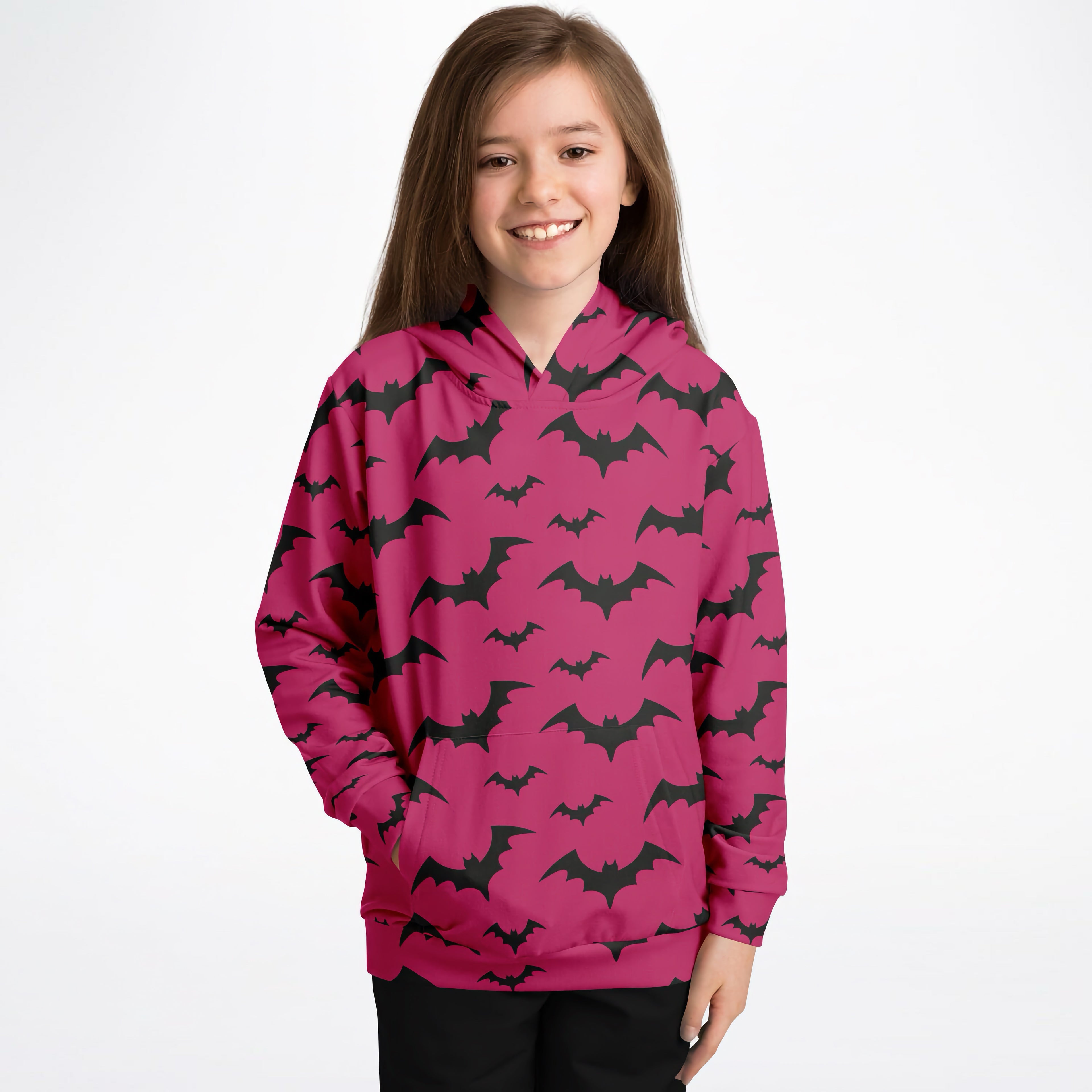 Kids Pink Bats Halloween Hoodie – Cozy Cotton Fleece or Lightweight Sports Fabric