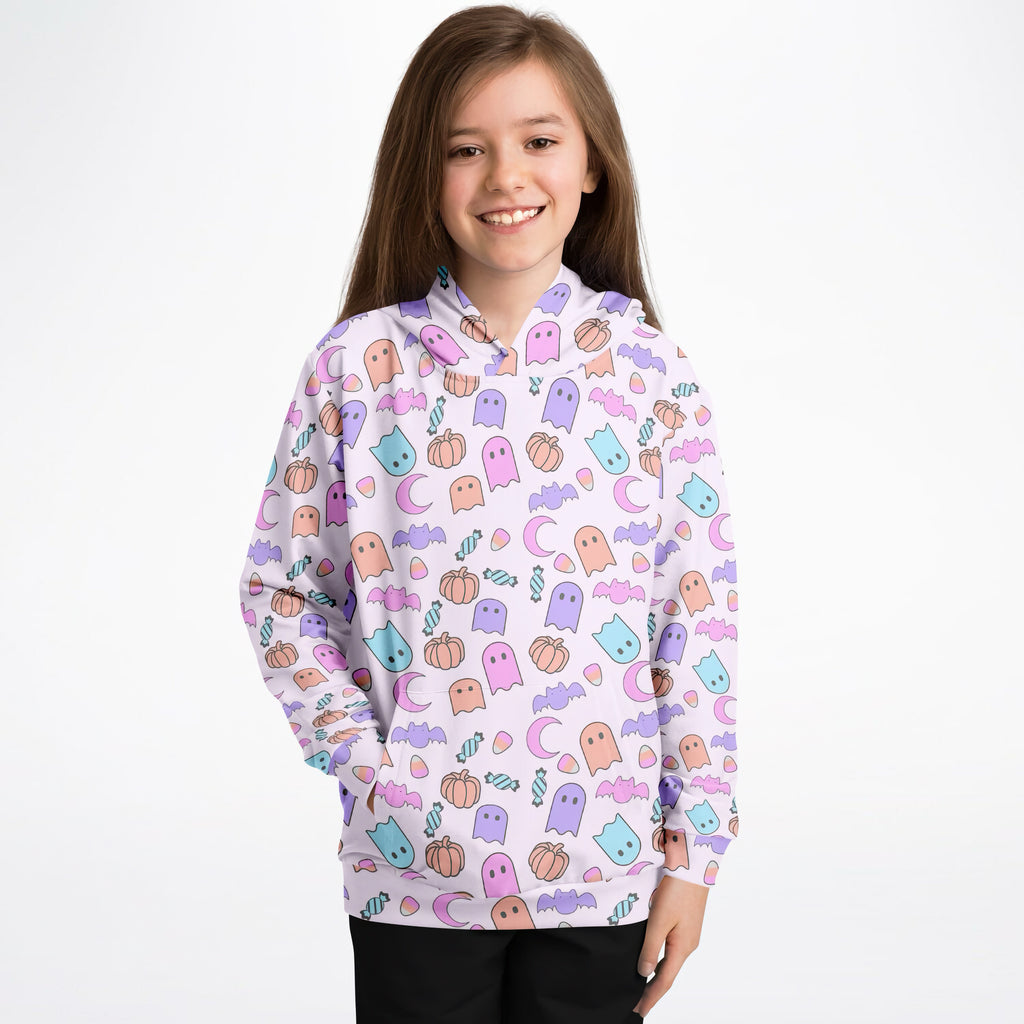 Pastel ghost halloween girls hoodie with playful ghost pumpkin bat moon pattern in soft cotton fleece and sports fabric