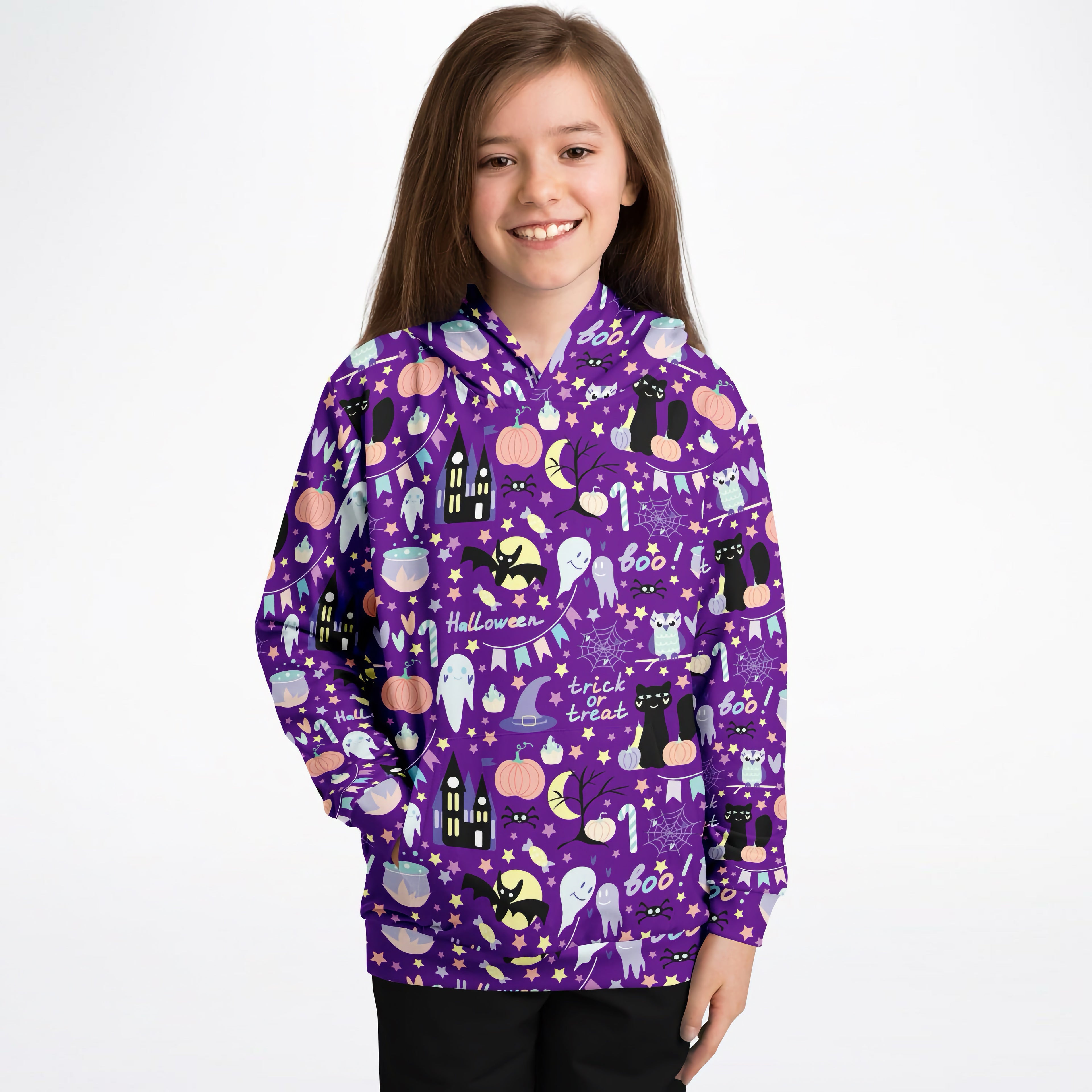 Purple kids spooky halloween hoodie in cozy cotton fleece with black cats pumpkins ghosts and trick or treat design