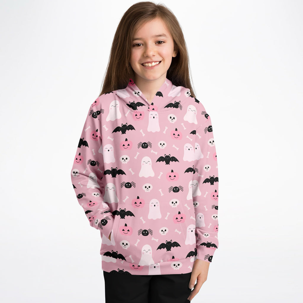 Girls cute ghost and bats pink halloween hoodie with playful black bats white ghosts and smiling pumpkins on cozy cotton fleece