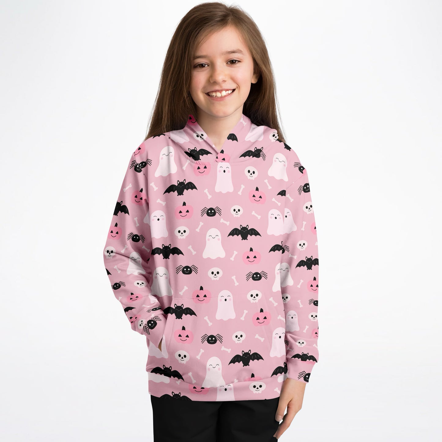 Girls Cute Ghost And Bats Pink Halloween Hoodie – Cozy Cotton Fleece or Lightweight Sports Fabric