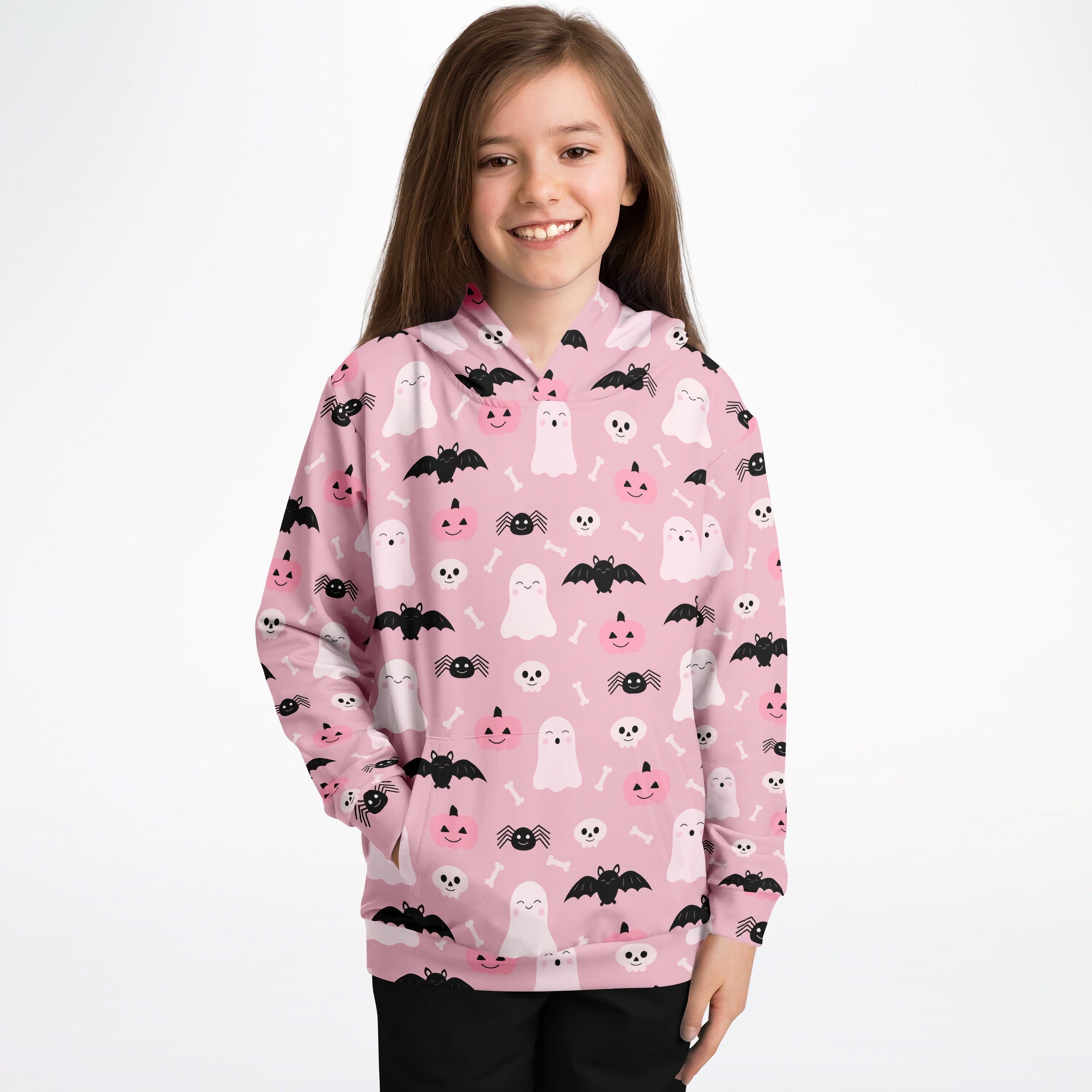 Girls cute ghost and bats pink halloween hoodie with playful black bats white ghosts and smiling pumpkins on cozy cotton fleece