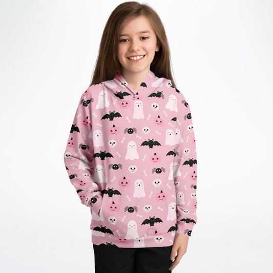 Girls Cute Ghost And Bats Pink Halloween Hoodie – Cozy Cotton Fleece or Lightweight Sports Fabric