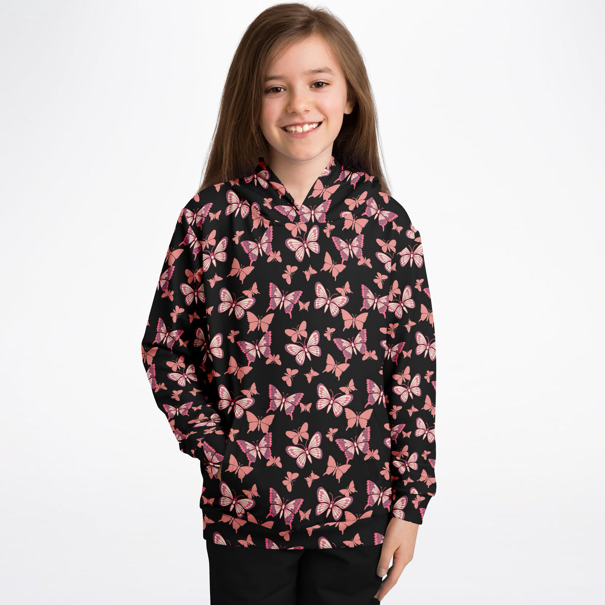 Girls Vibrant Pink Butterfly Hoodie – Ultra Comfy & Stretchy, Cozy Fleece or Lightweight Sports Fabric, Double-Layer Hood & Kangaroo Pocket