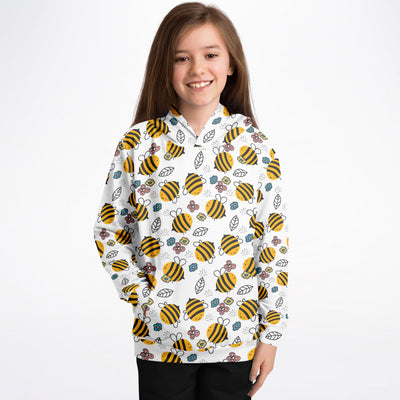 White kids hoodie with yellow and black bee pattern and colorful flowers made of cozy cotton fleece or lightweight fabric