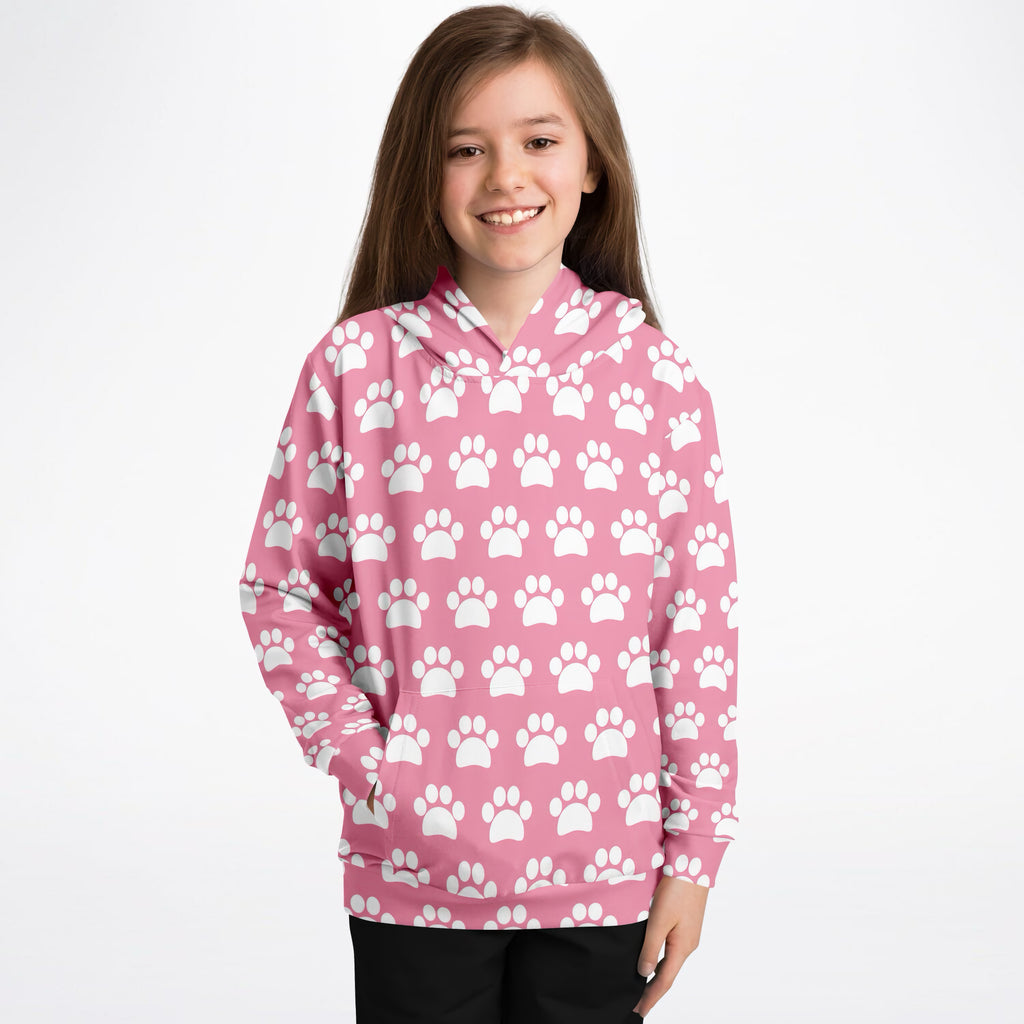 Girls Pink Paw Print Hoodie – Ultra Comfy & Stretchy, Cozy Fleece or Lightweight Sports Fabric, Double-Layer Hood & Kangaroo Pocket
