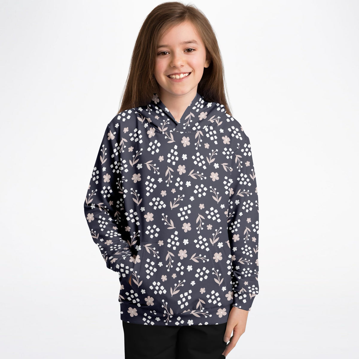 Girls Dark Navy Blue Floral Hoodie – Ultra Comfy & Stretchy, Cozy Fleece or Lightweight Sports Fabric, Double-Layer Hood & Kangaroo Pocket
