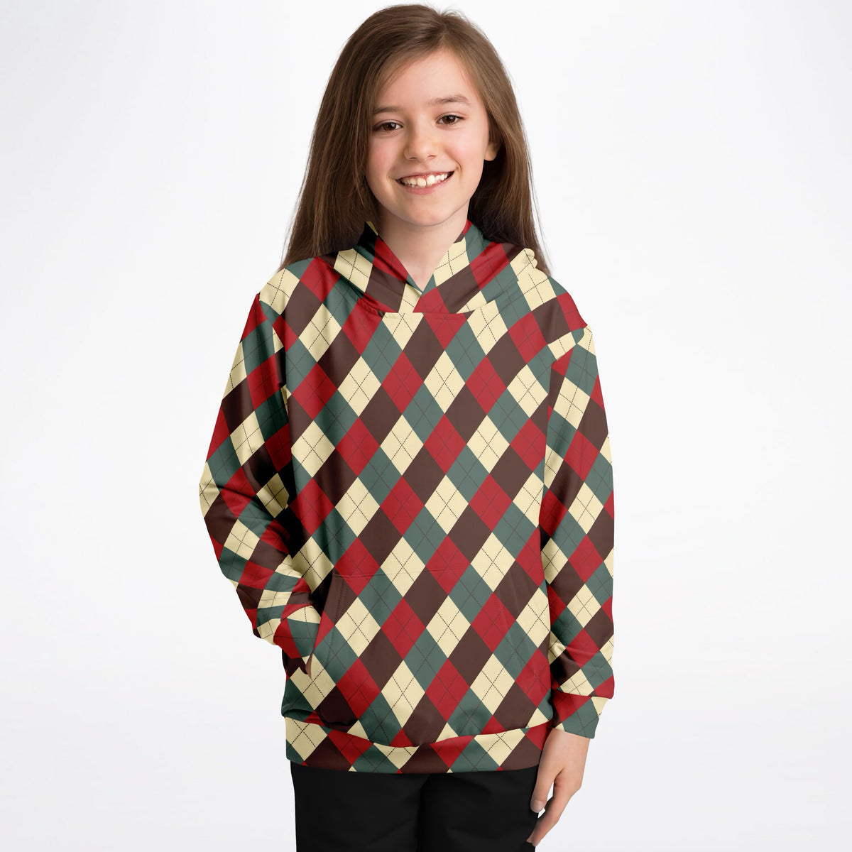 Kids Vintage Christmas Argyle Hoodie – Ultra Comfy & Stretchy, Cozy Fleece or Lightweight Sports Fabric, Double-Layer Hood & Kangaroo Pocket