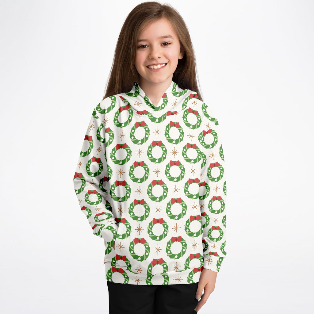 Kids Christmas Wreath Hoodie – Ultra Comfy & Stretchy, Cozy Fleece or Lightweight Sports Fabric, Double-Layer Hood & Kangaroo Pocket