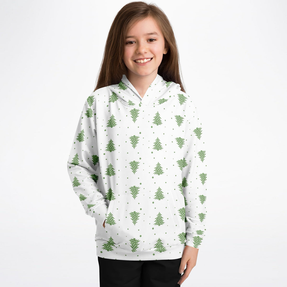 Kids Green Christmas Tree Hoodie – Ultra Comfy & Stretchy, Cozy Fleece or Lightweight Sports Fabric, Double-Layer Hood & Kangaroo Pocket