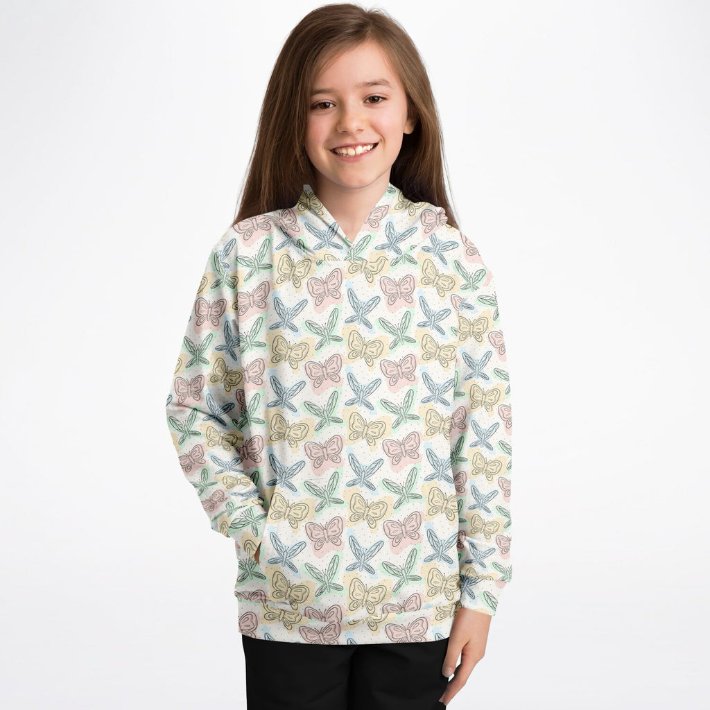 Kids Pastel Butterfly & Dragonfly Hoodie – Ultra Comfy & Stretchy, Cozy Fleece or Lightweight Sports Fabric, Double-Layer Hood & Kangaroo Pocket