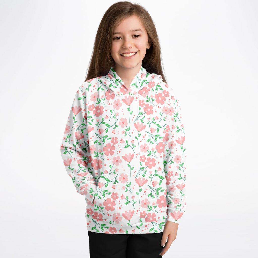 Girls Pretty Pink Flowers Hoodie – Ultra Comfy & Stretchy, Cozy Fleece or Lightweight Sports Fabric, Double-Layer Hood & Kangaroo Pocket