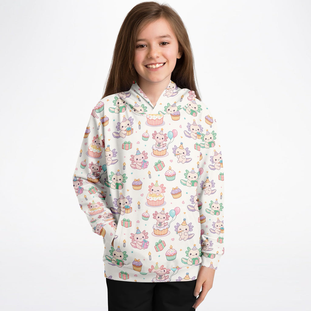Kids Axolotl Birthday Hoodie – Ultra Comfy & Stretchy, Cozy Fleece or Lightweight Sports Fabric, Double-Layer Hood & Kangaroo Pocket