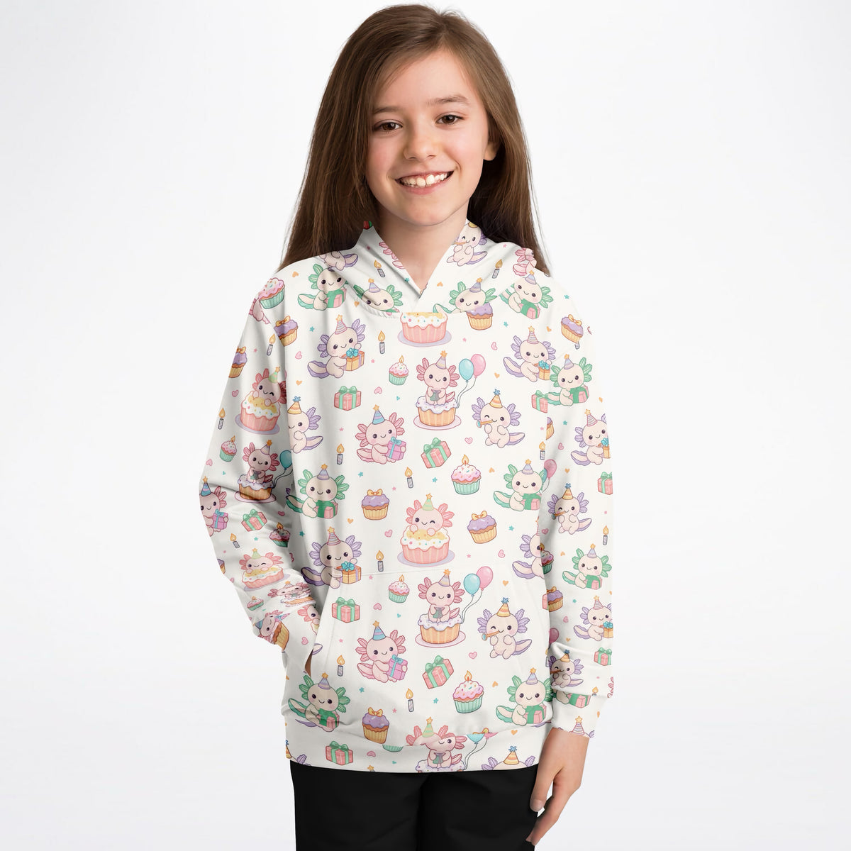 Kids Axolotl Birthday Hoodie – Ultra Comfy & Stretchy, Cozy Fleece or Lightweight Sports Fabric, Double-Layer Hood & Kangaroo Pocket