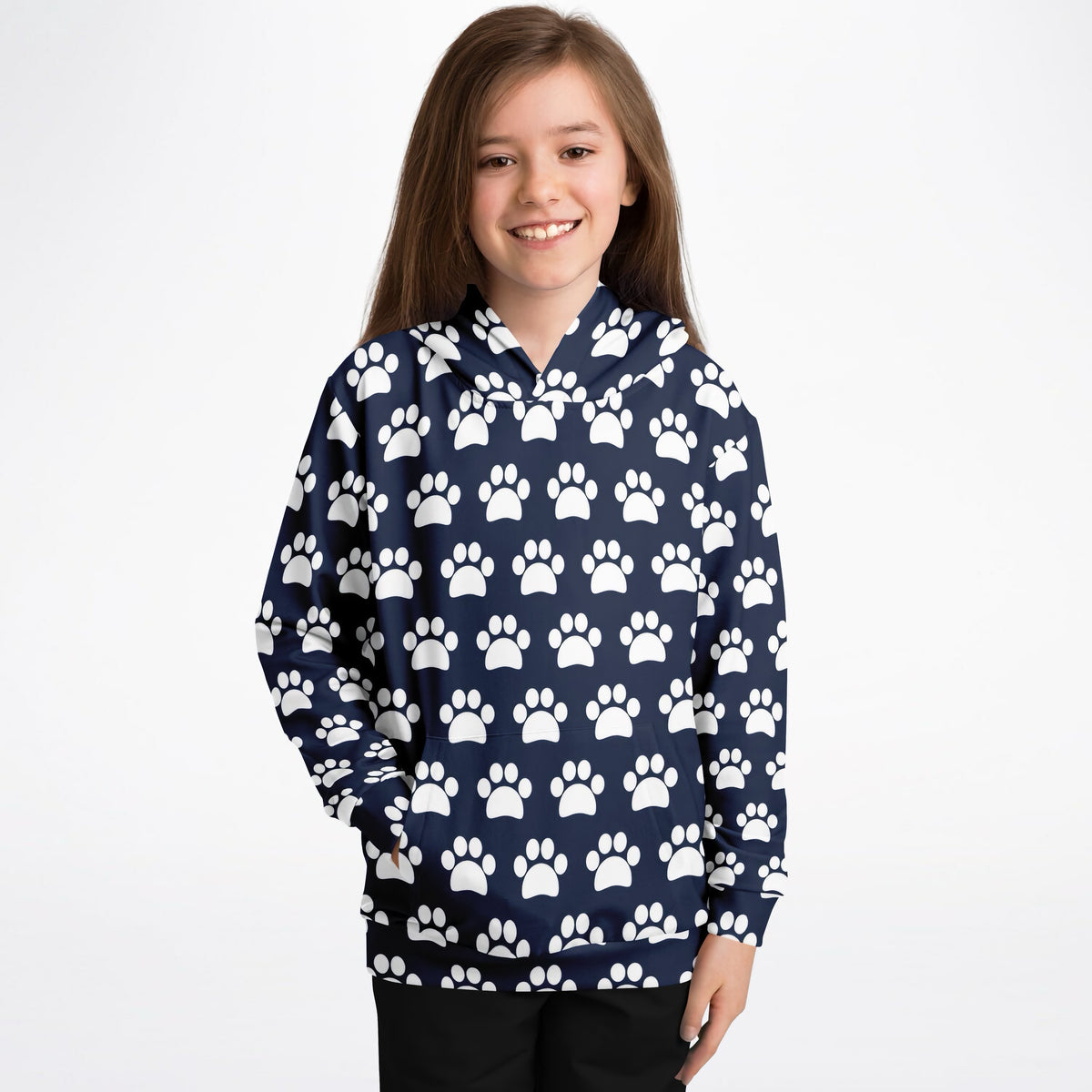 Kids Navy Blue Paw Print Hoodie – Ultra Comfy & Stretchy, Cozy Fleece or Lightweight Sports Fabric, Double-Layer Hood & Kangaroo Pocket